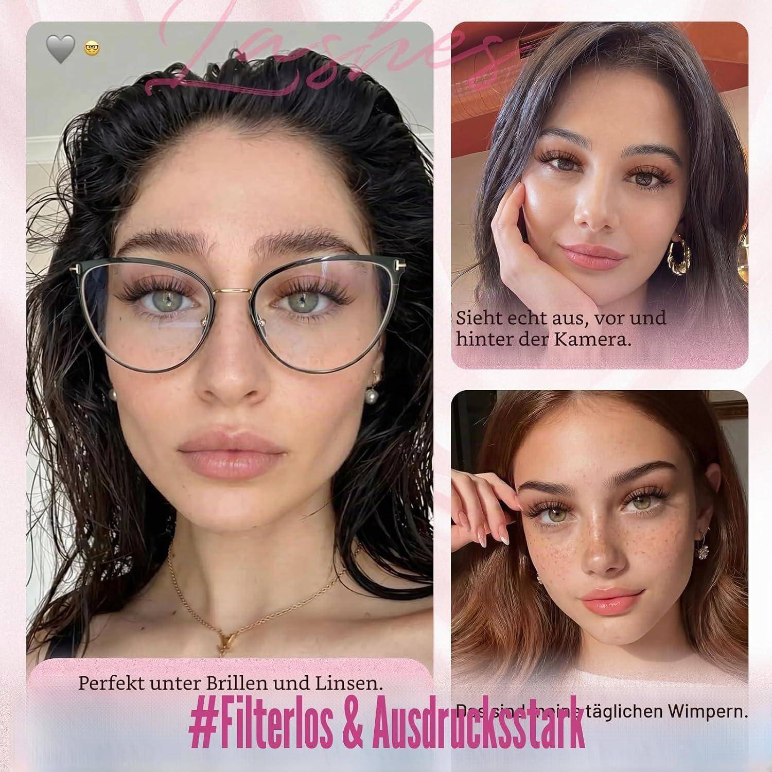 Collage eines Frauenporträts vorher und nachher mit Make-up, mit Bildunterschriften, die einen natürlichen Look fördern: „perfekt unter Brillen und Kontaktlinsen
