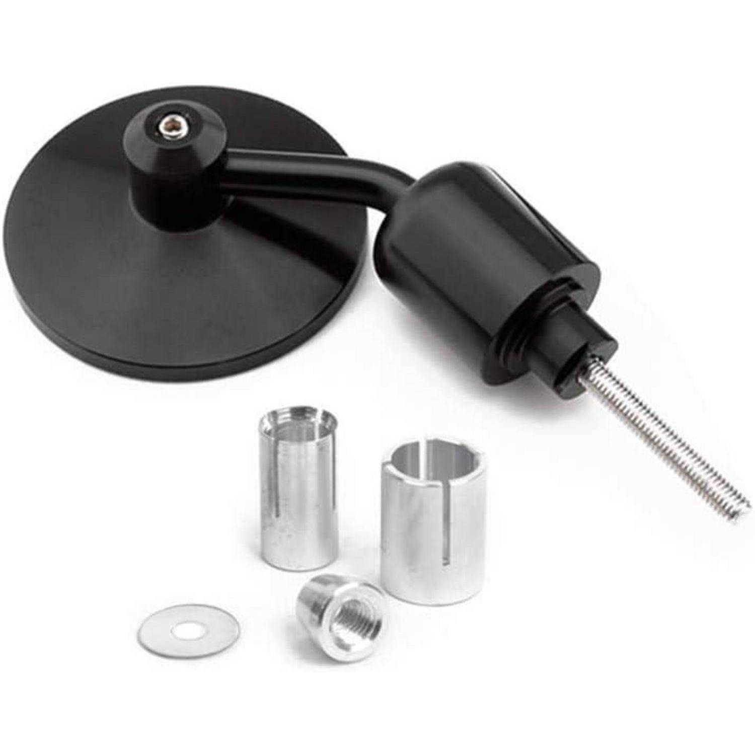 Schwarze Saugnapfhalterung mit verstellbarem Arm und Gewindeschraube, gezeigt mit Metalladaptern und Unterlegscheibe auf weißem Hintergrund.
