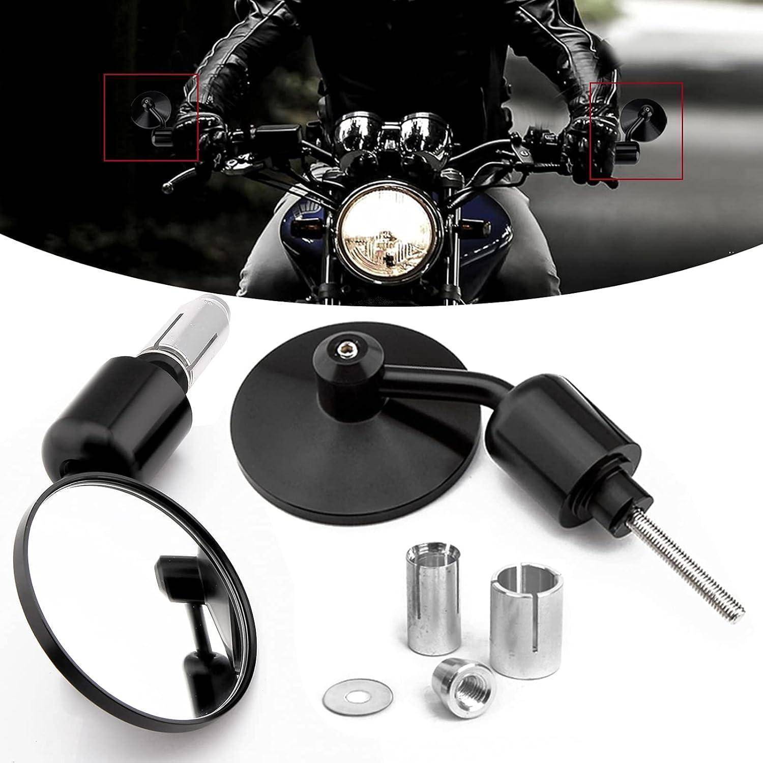 Motorrad-Lenkererspiegel und Montagezubehör, dargestellt mit einer Vergrößerung eines Fahrers auf einem Motorrad, die die Spiegelinstallation oder den Austausch anzeigt.
