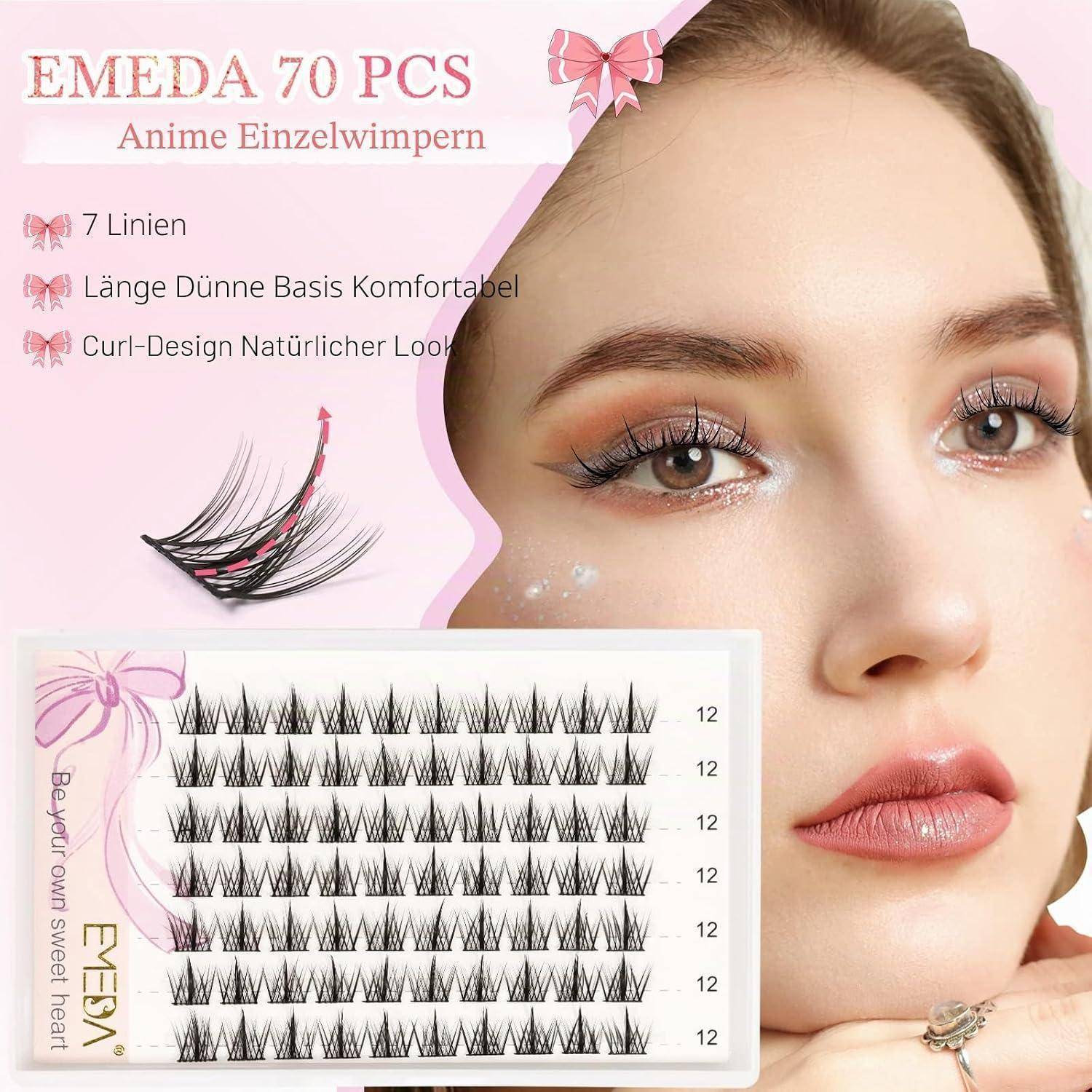 Wimpernprodukt-Anzeige in Rosa, das eine Frau mit künstlichen Wimpern zeigt, beschriftet mit 'EMEDA 70 PCS' und 'Anime Einzelwimpern'; hebt 7 Reihen, dünne Basis und natürliches Lockendesign hervor.