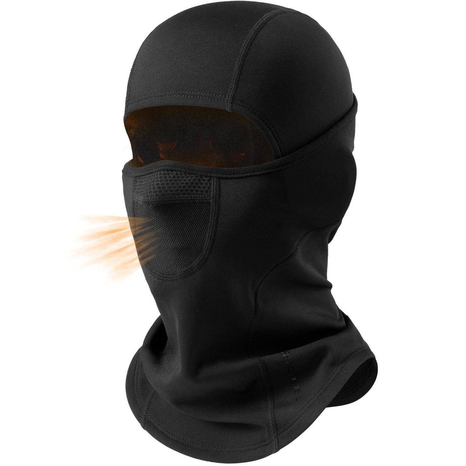 Schwarze Gesichtsmütze mit Vollgesichtsabdeckung, Netzstoffmund panel und Luftströmungsdarstellung, bedeckt Kopf, Hals und Gesicht.