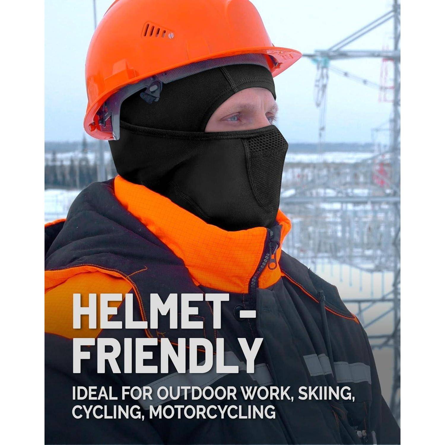 Arbeiter mit orangenem Helm und Gesichtsschutz im Freien, mit Text „HELMFREUNDLICH