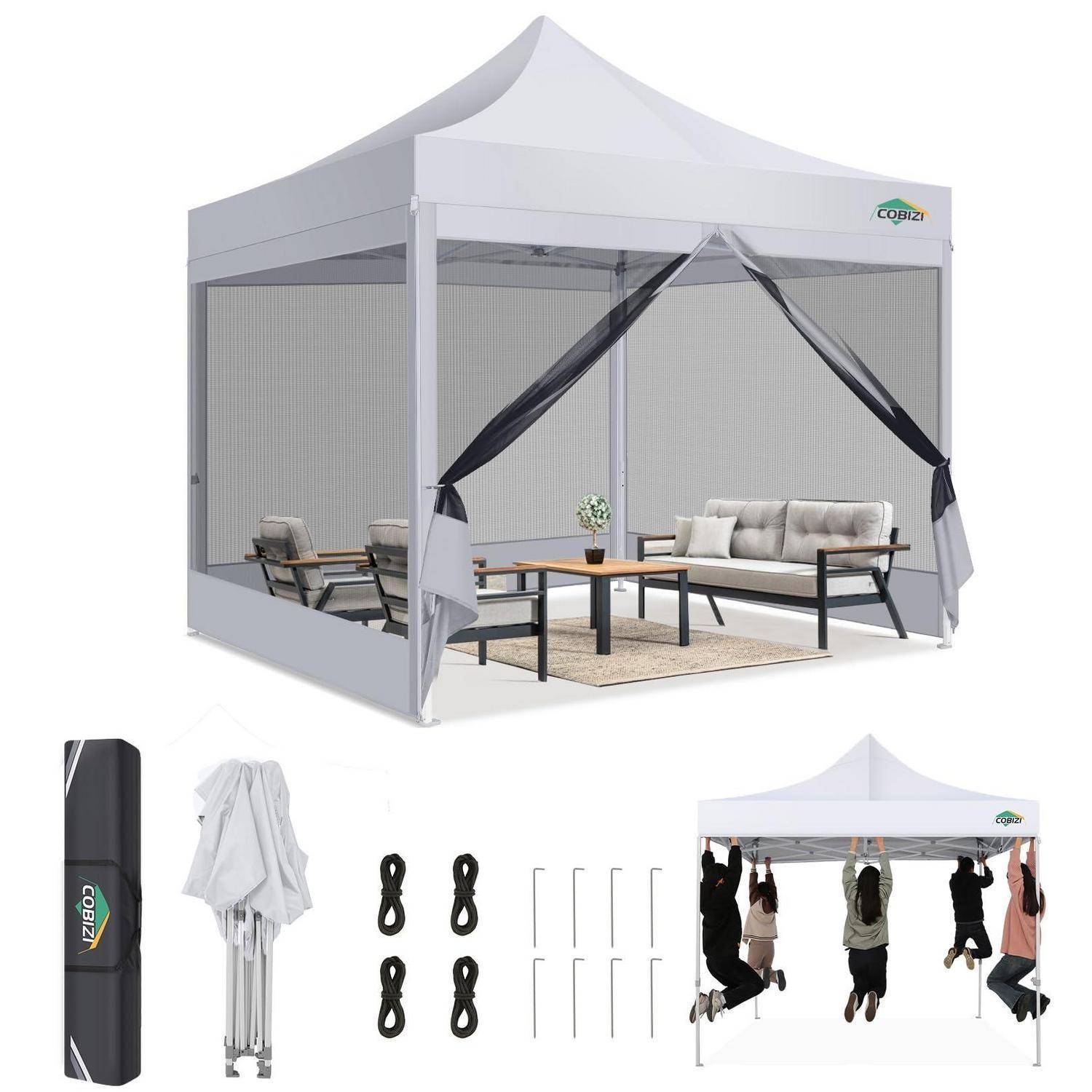 Produktbild eines Pop-Up-Pavillons mit Netzwandseiten und Außensitzbereich, plus zusammengefaltete Tragetasche, Abdeckung, Heringe, Seile und Aufbauanleitung mit Aufhängestützen.