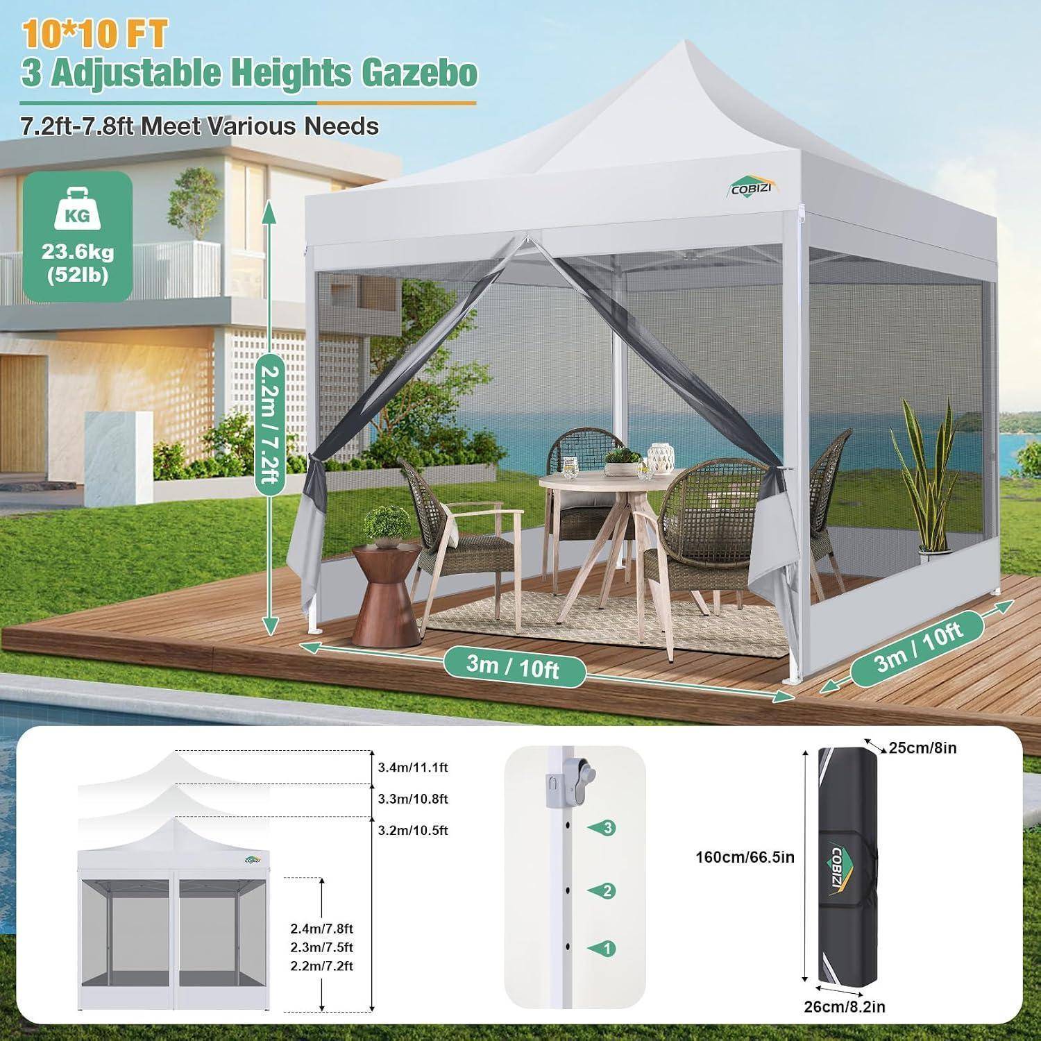 Werbebild eines '10×10 FT' Pavillons mit 3 verstellbaren Höhen, 7,2-7,8 ft, 23,6 kg und Abmessungen 3 m x 3 m mit Packgröße von 160 cm.