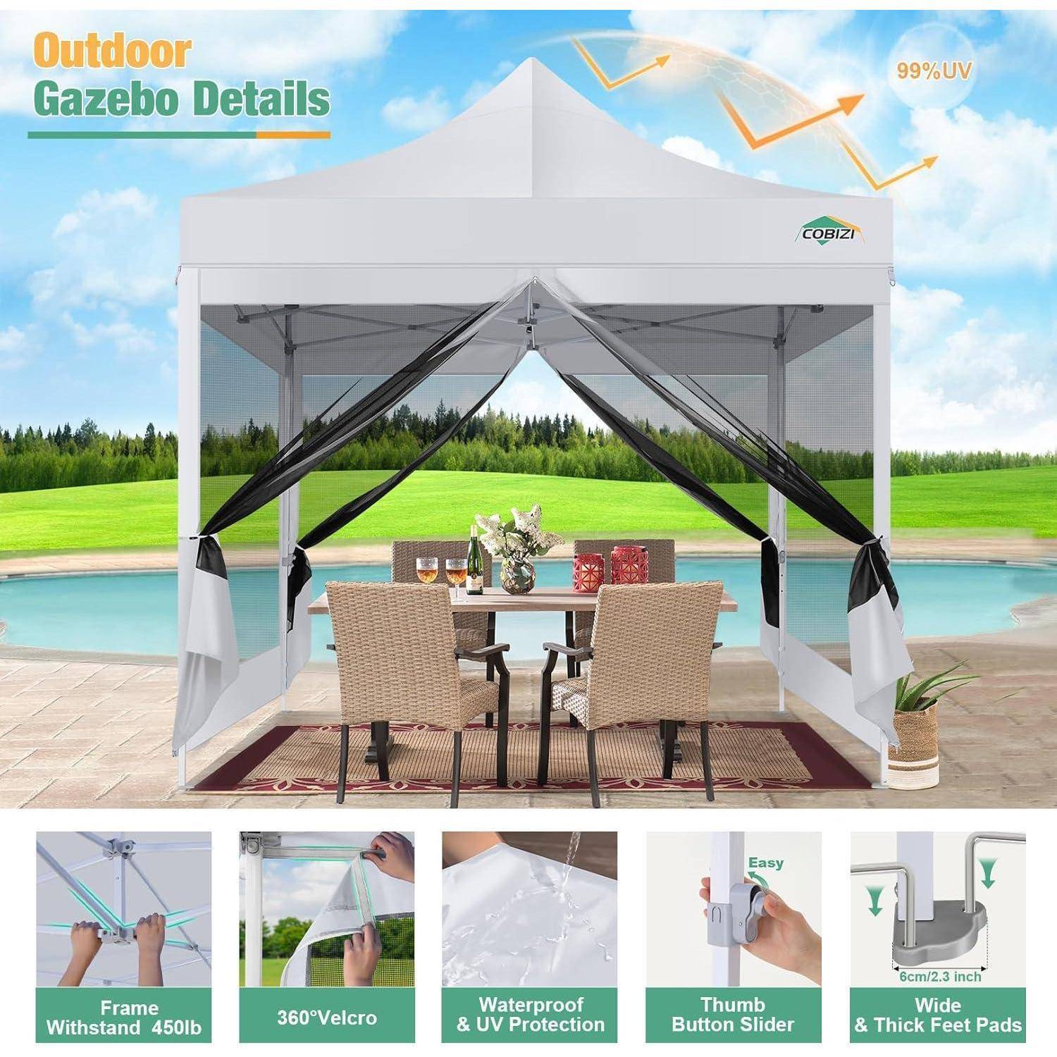 Außenlaube mit Seitenwänden und Vorhängen neben einem Pool, gekennzeichnet mit „Outdoor Gazebo Details" und „99% UV""; untere Paneele heben Rahmenstärke, 360°-Klettverschluss, wasserdichten Schutz, Daumenschieber und breite Fußpolster hervor.