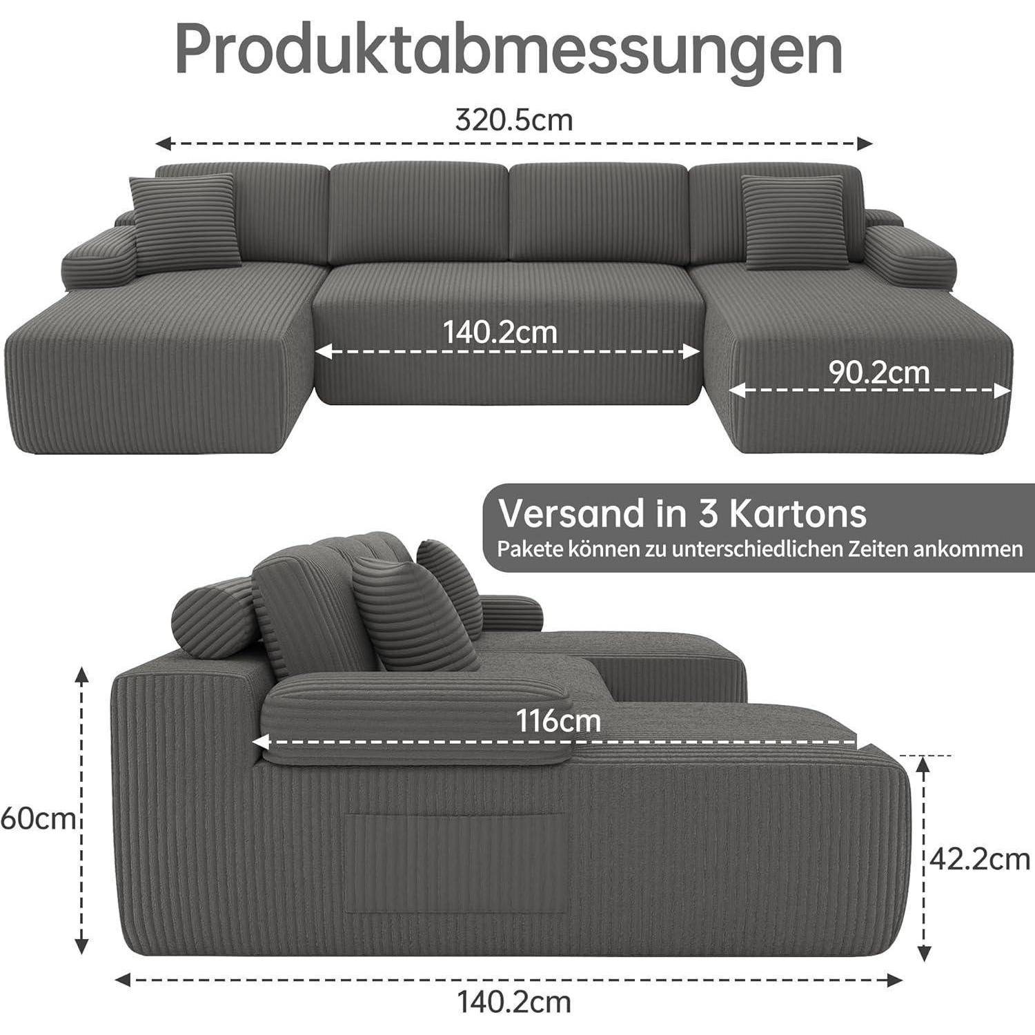 Diagramm mit Produktmaßen für graues Ecksofa, das die Gesamtbreite von 320,5 cm, Mittelteil 140,2 cm, Chaiselongue 90,2 cm und Seitenansichtmaße von 140,2 cm Breite, 60 cm Höhe und 42,2 cm Sitzhöhe zeigt.