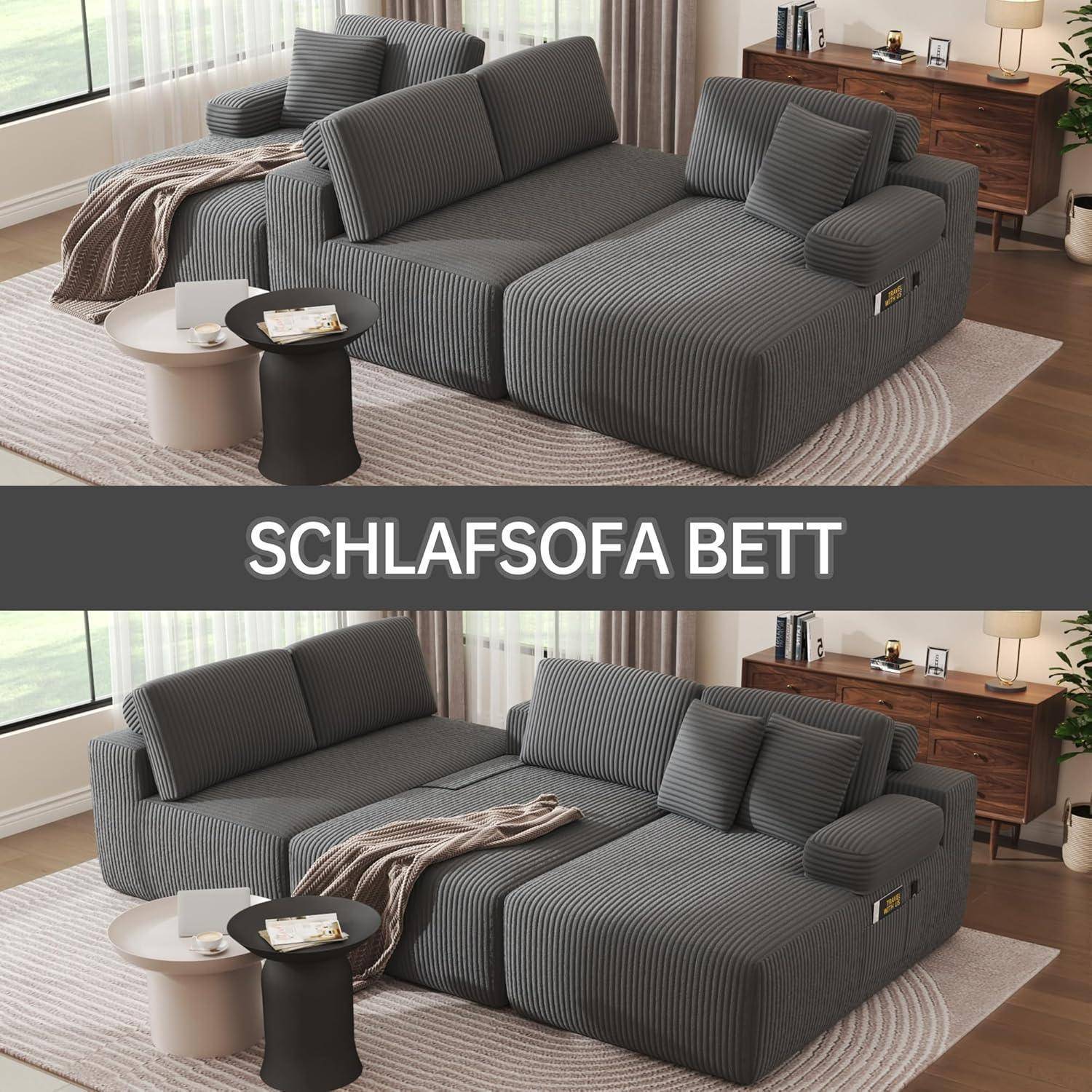 Grau gestreiftes modulares Schlafsofa in zwei Konfigurationen dargestellt: ein Sofa mit Kissen und ein aufgeklapptes Bett in einem hellen Wohnzimmer.