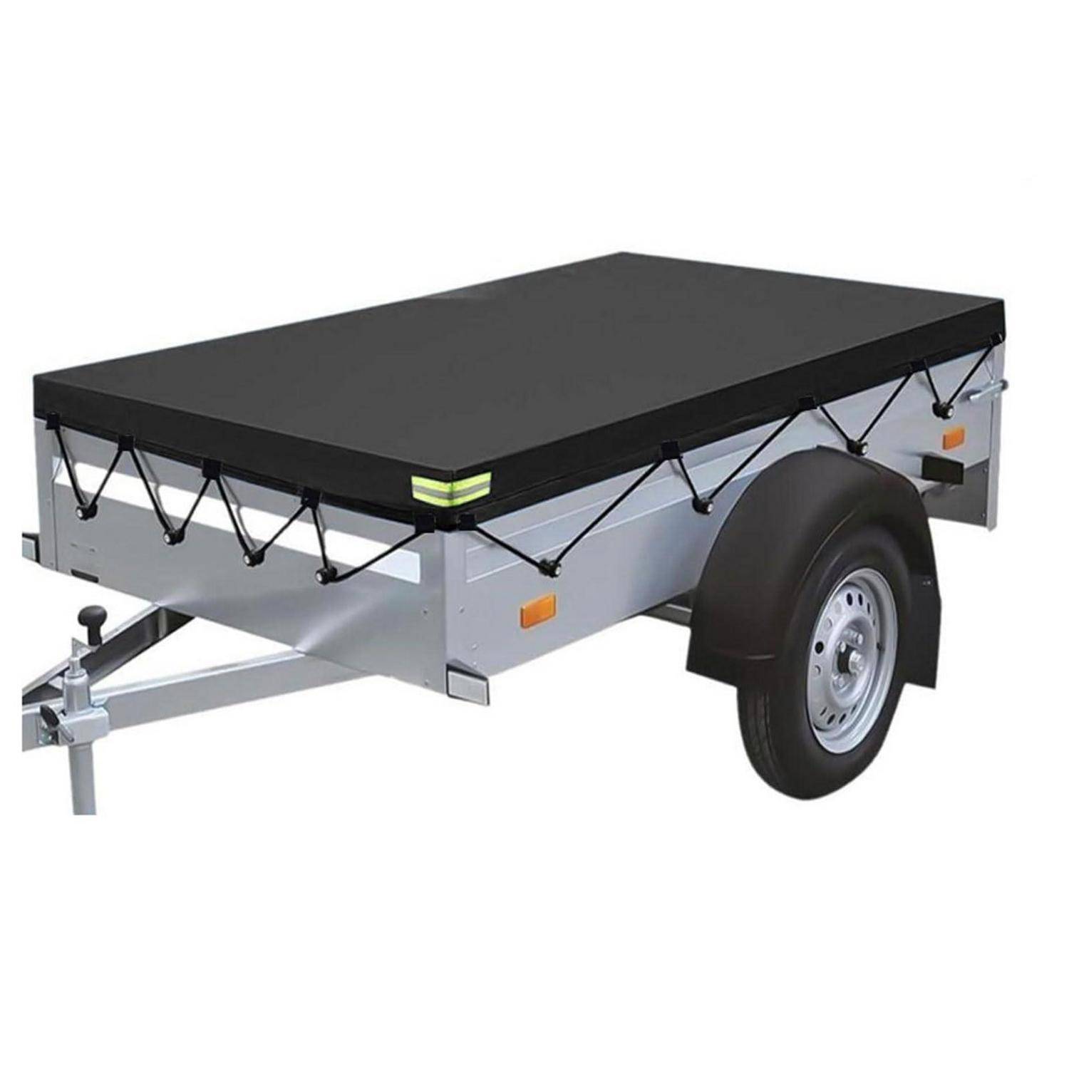 Kleiner einachsiger Nutzanhänger mit schwarzer flacher Ladefläche und klappbaren Seitenwänden, isoliert auf weißem Hintergrund dargestellt.
