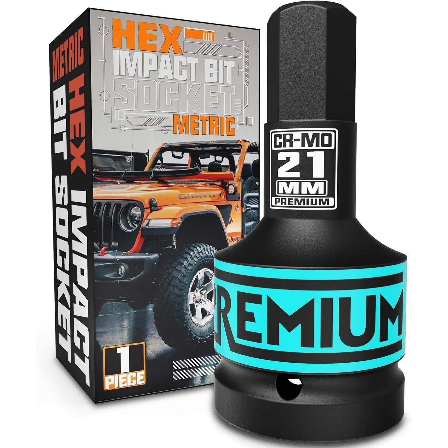 Produktverpackung mit einem Hex Impact Bit Socket, metrisch, CR-MO 21 mm Premium, mit einem eingerahmten Jeep-Bild und einem einteiligen Etikett.