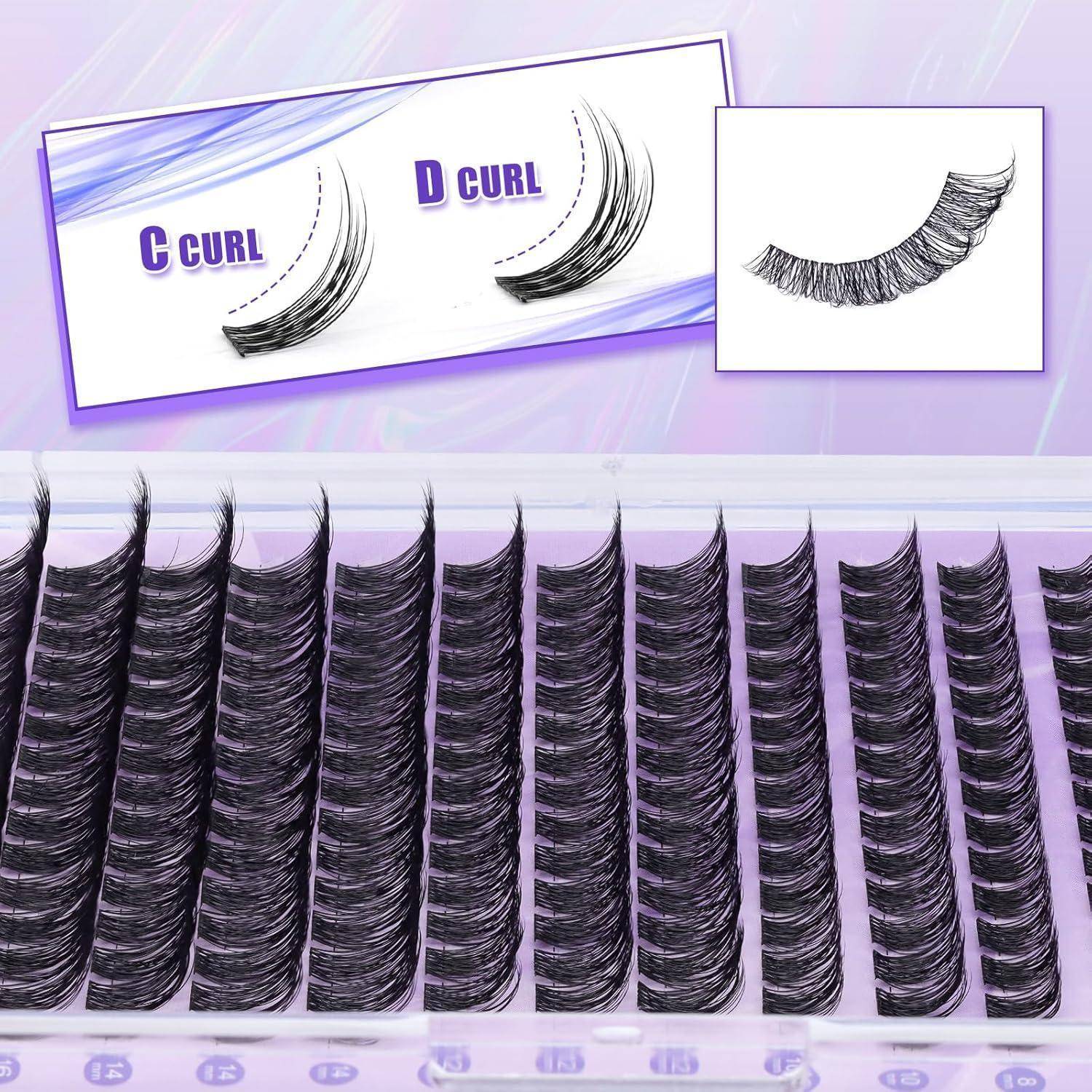 Werbebild von falschen Wimpern zeigt Beispiele von 'C CURL' und 'D CURL' über Reihen von langen, dichten schwarzen Wimpernstreifen auf lila Hintergrund.