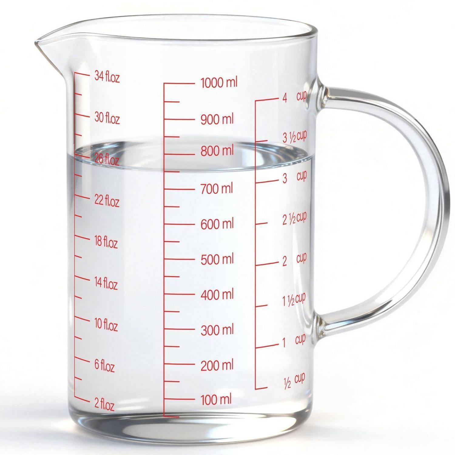 Klares Glaskrugsmaß mit Griff, markiert in Unzen, Millilitern und Tassen, gefüllt bis etwa 700 ml.