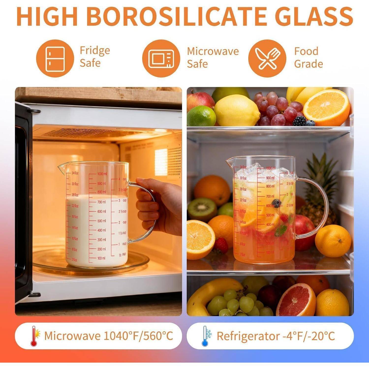 Werbegrafik für Messbecheraus Borosilikatglas mit hoher Qualität, die zeigt, dass er kühlschrankgeeignet, mikrowellensicher und lebensmittelecht ist, mit Verwendung in Mikrowelle und Kühlschrank.