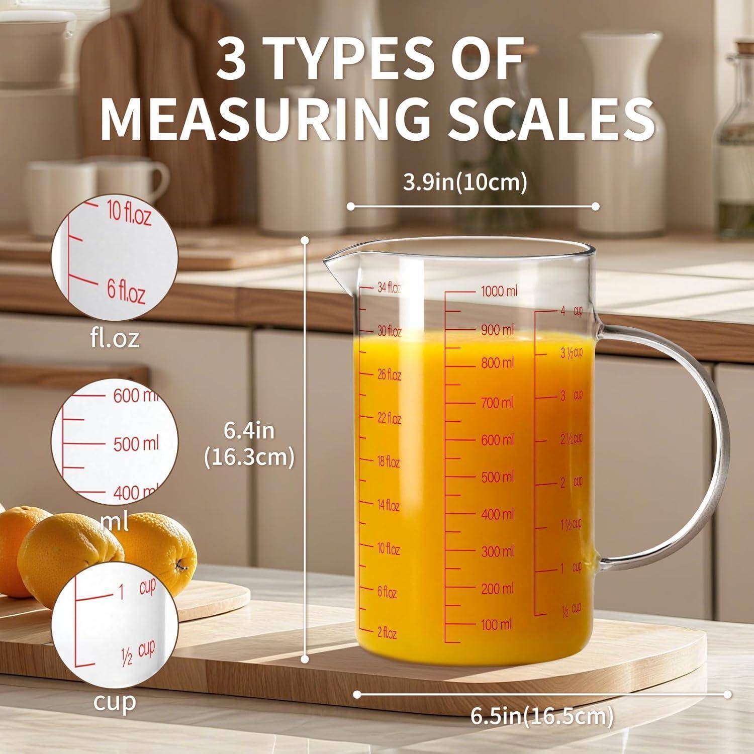 Infografik eines Messhenkels mit 3 Arten von Skalen: fl.oz, ml und cup, mit den Maßen 3,9 Zoll, 6,4 Zoll und 6,5 Zoll.