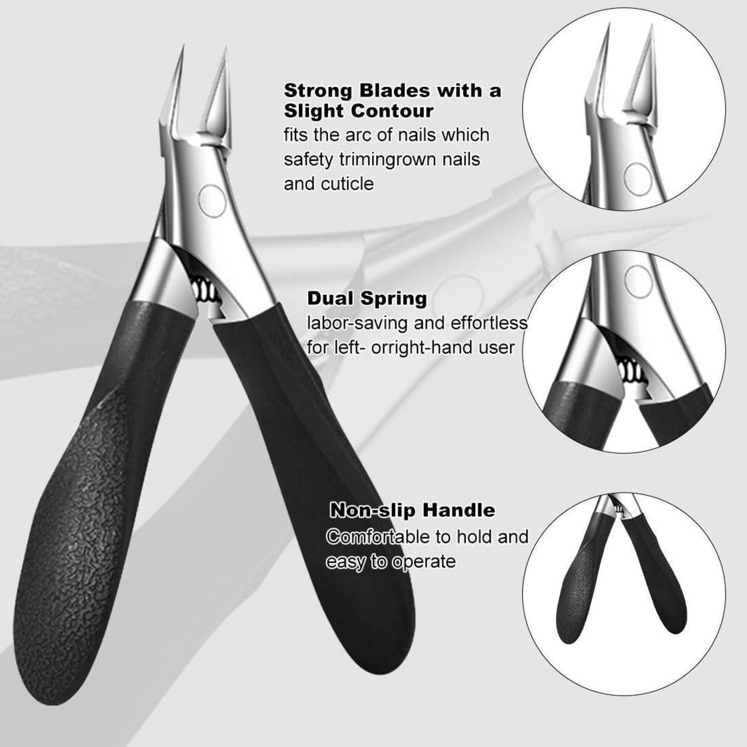 Illustrierte Nagelknipser mit Beschriftungen für starke, leicht gewölbte Klingen, Doppelfeder und rutschfeste Griffe zum Schneiden von Nägeln und Nagelhäuten.