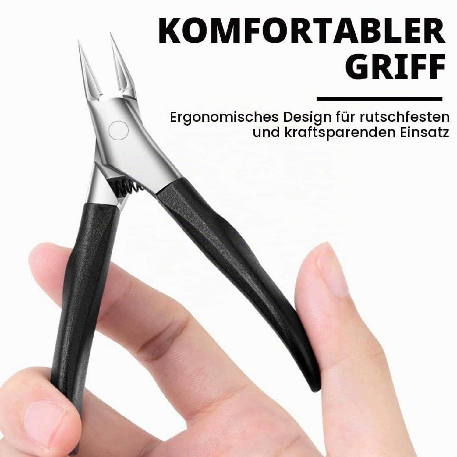 Nahaufnahme einer Person, die kleine Spitzzange mit schwarzen ergonomischen Griffen hält; deutscher Text sagt „KOMFORTABLER GRIFF