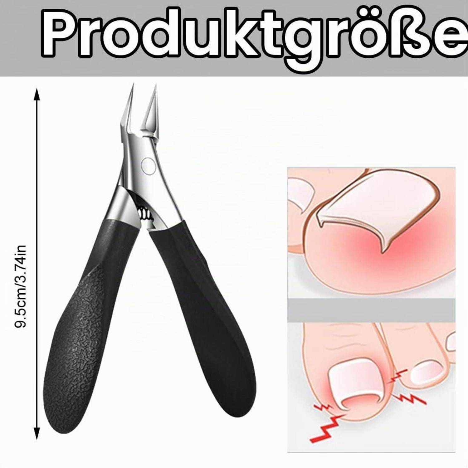 Produktgrößendiagramm mit einer Nagelzange mit 9,5 cm/3,74 Zoll Länge und eine Detailzeichnung, die das Schneiden von Fußnägeln und das Schneiden eines eingewachsenen Fußnagels zeigt.