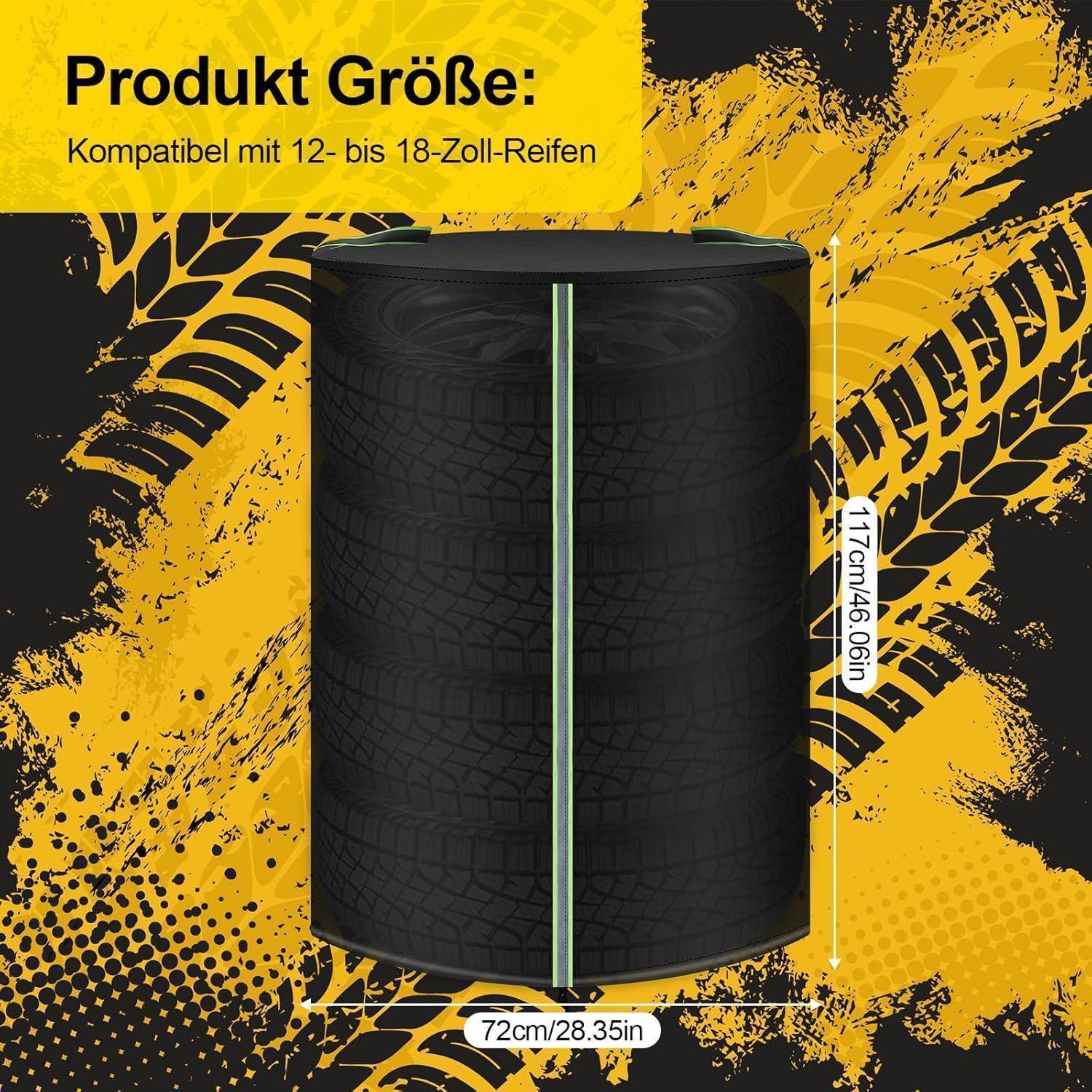 Schwarze Reifenschutzhülle vor gelbem grafischem Hintergrund dargestellt, mit der Aufschrift „Produkt Größe: Kompatibel mit 12- bis 18-Zoll-Reifen" und Abmessungen von 72 cm Breite und 117 cm Höhe.