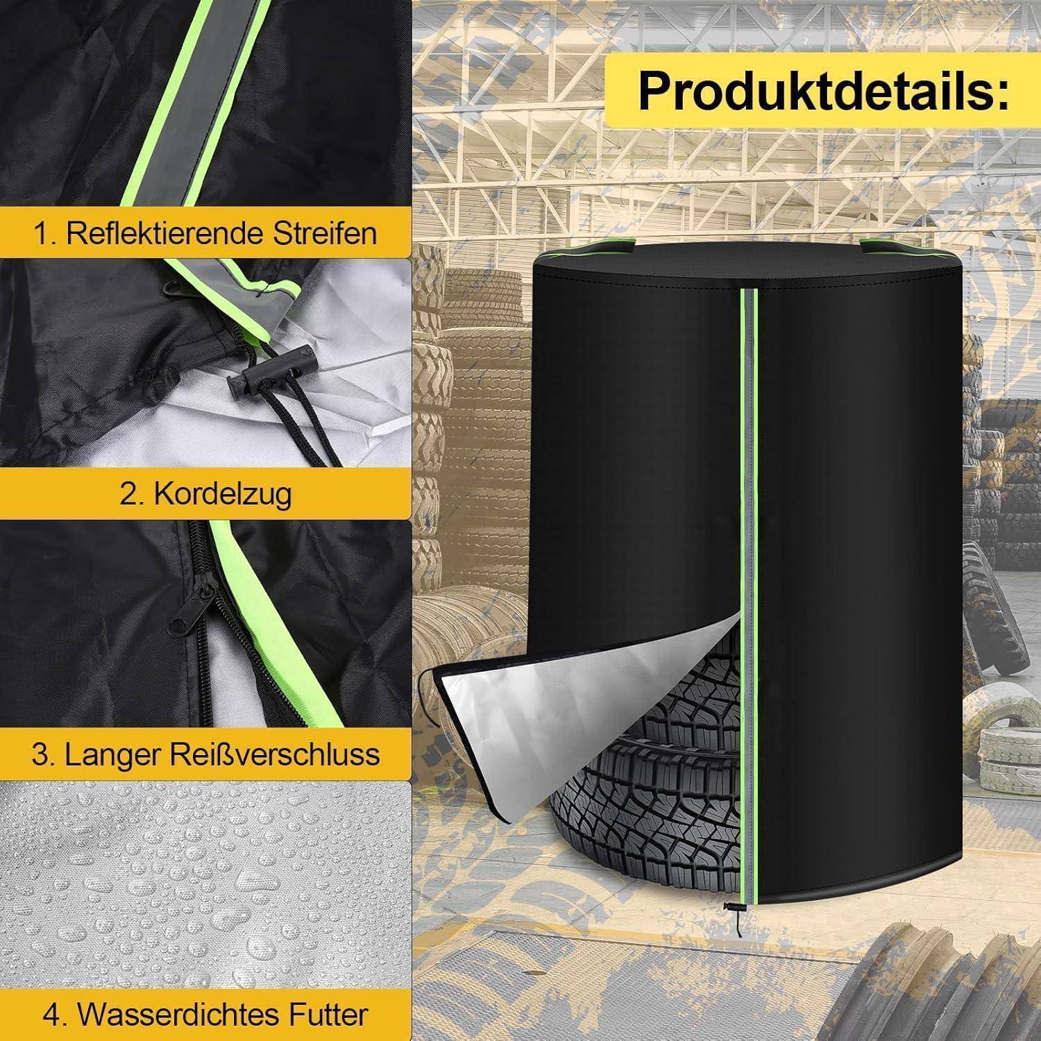 Schwarze Reifenabdeckung mit reflektierendem Streifen, Zugband, langem Reißverschluss und wasserdichtem Futter, mit darin gezeigtem Reifen.