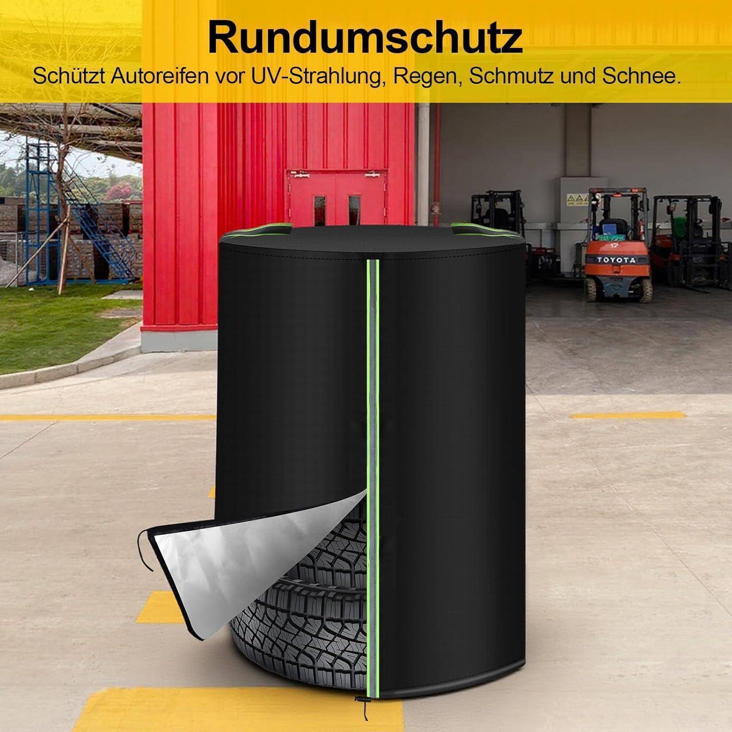 Schwarze Reifenlagerschutzhülle mit Reißverschluss, teilweise geöffnet, um einen Reifen zu zeigen; der deutsche Text besagt, dass sie Reifen vor UV-Strahlung, Regen, Schmutz und Schnee schützt.