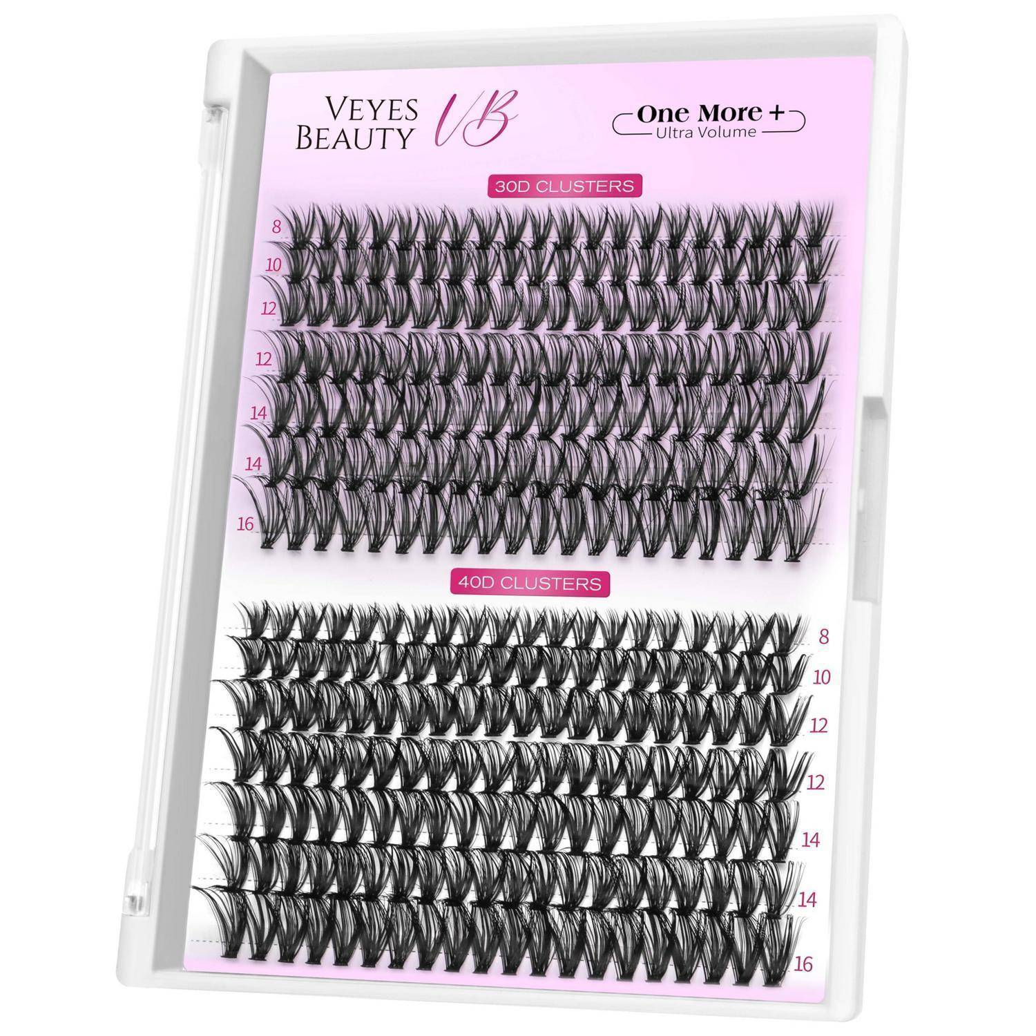 Packung von Veyes Beauty VB One More+ Ultra Volume falsche Wimpernbüschel, zeigt 3D- und 4D-Büschelstile in verschiedenen Längen.