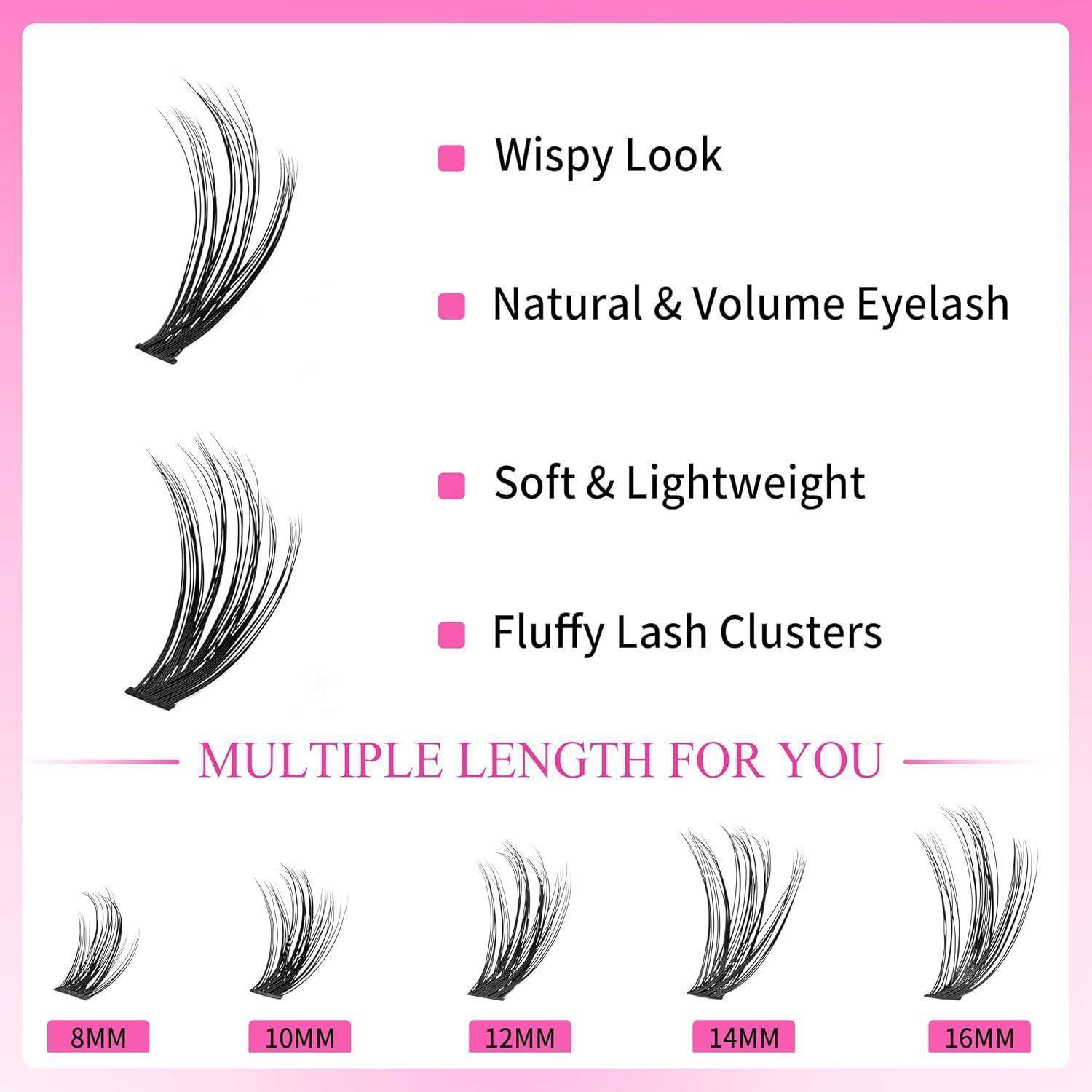 Werbegrafik von feinen natürlichen Wimpernbüscheln mit den Bezeichnungen „Wispy Look