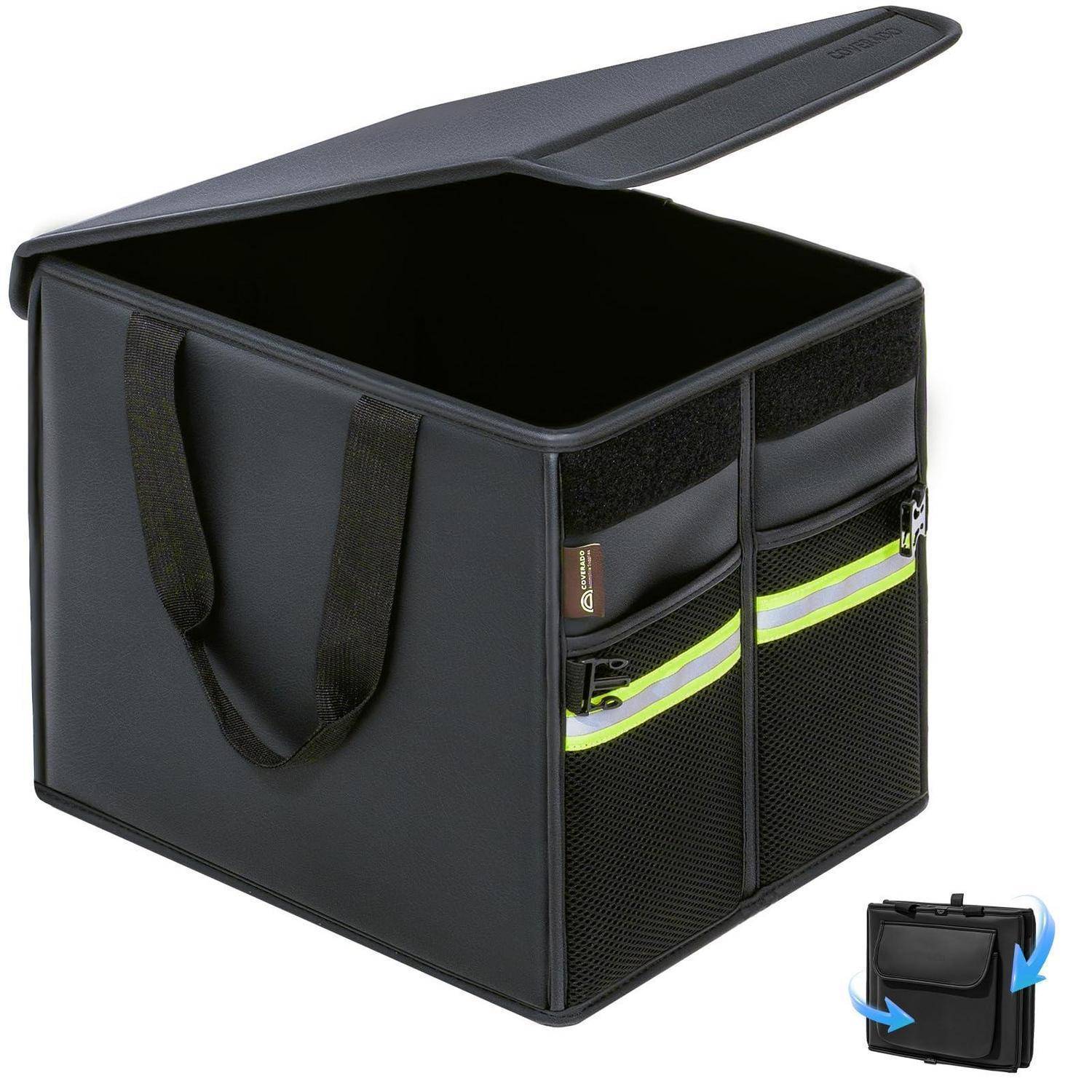 Schwarze isolierte Transportbox mit Schultergriffen und Reißverschlussfächern an der Vorderseite, geöffnet, um ein großes Staufach zu zeigen.