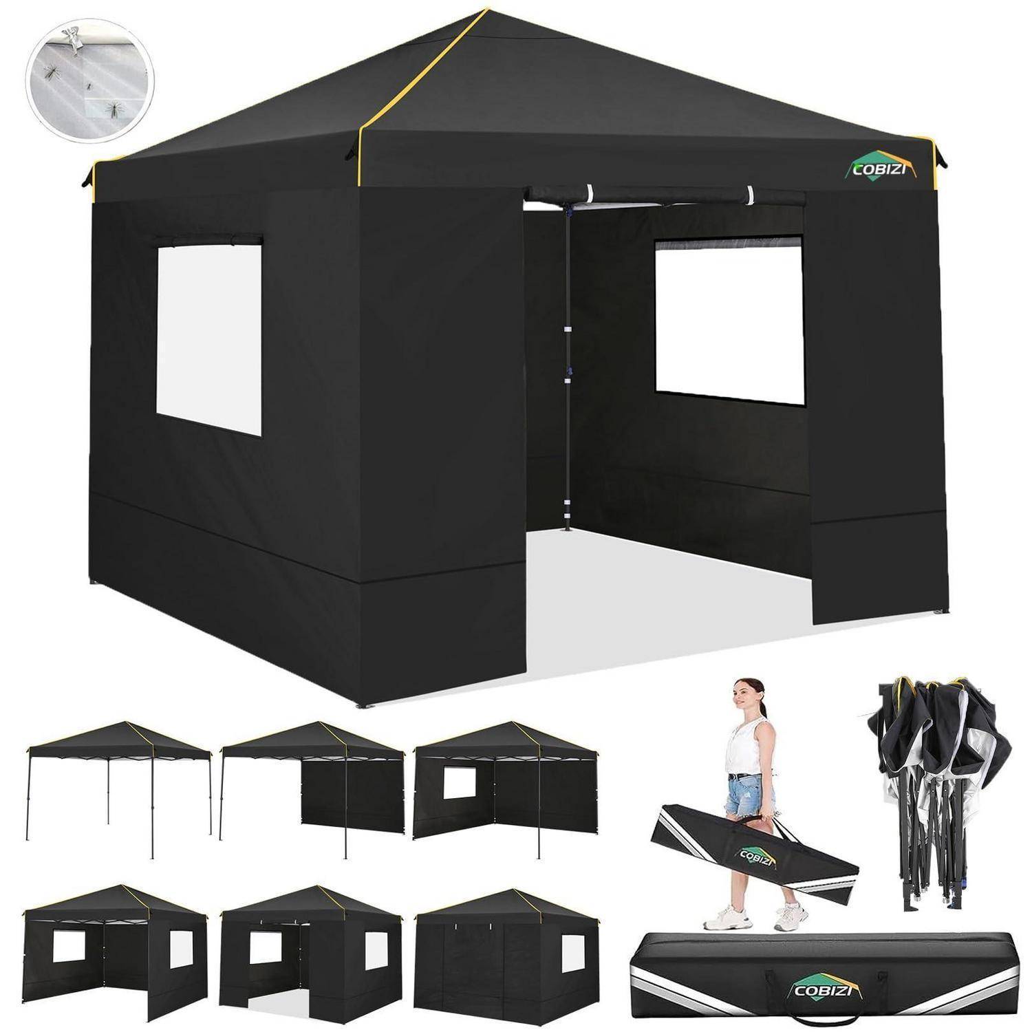 Schwarzes Pop-up-Pavillon-Zelt mit verglasten Seitenpanelen, dargestellt offen, zusammengeklappt und in Transporttasche mit Heringen und einer Person als Größenvergleich.