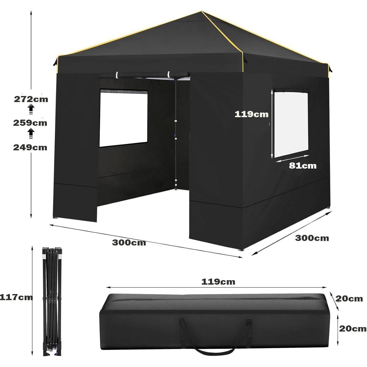 Schwarzes Pop-Up-Pavillon-Zelt mit den gezeigten Abmessungen: 300 cm quadratische Grundfläche, 272 cm Höhe bis zur Spitze, 119 cm Fenster und zusammengefaltete Tragetasche im Lieferumfang enthalten.