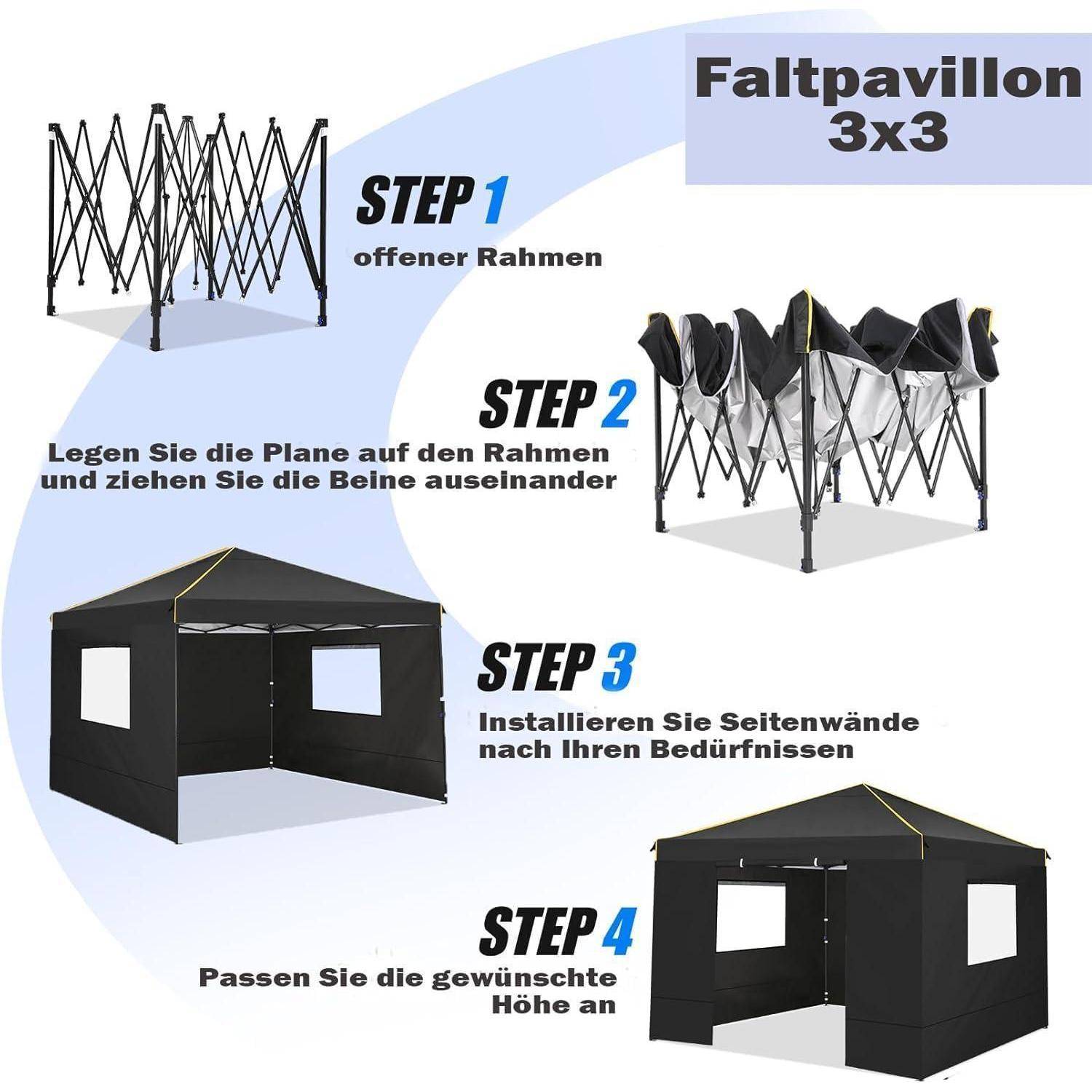 Anleitung für „Faltpavillon 3x3": Schritt 1 Rahmen öffnen, Schritt 2 Beine auseinander ziehen und Dach anbringen, Schritt 3 Seitenwände hinzufügen, Schritt 4 Höhe anpassen.