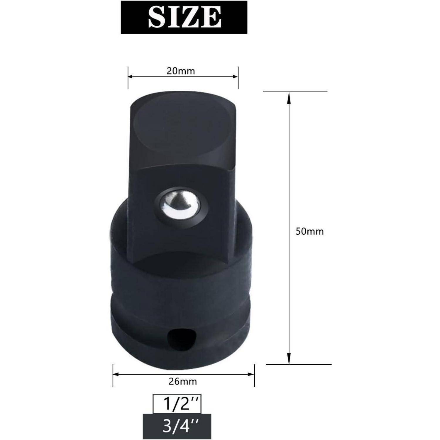 Größendiagramm eines schwarzen Steckdosenadapters mit einer Höhe von 50 mm, einer oberen Breite von 20 mm, einer Basisbreite von 26 mm und einer Beschriftung von 1/2