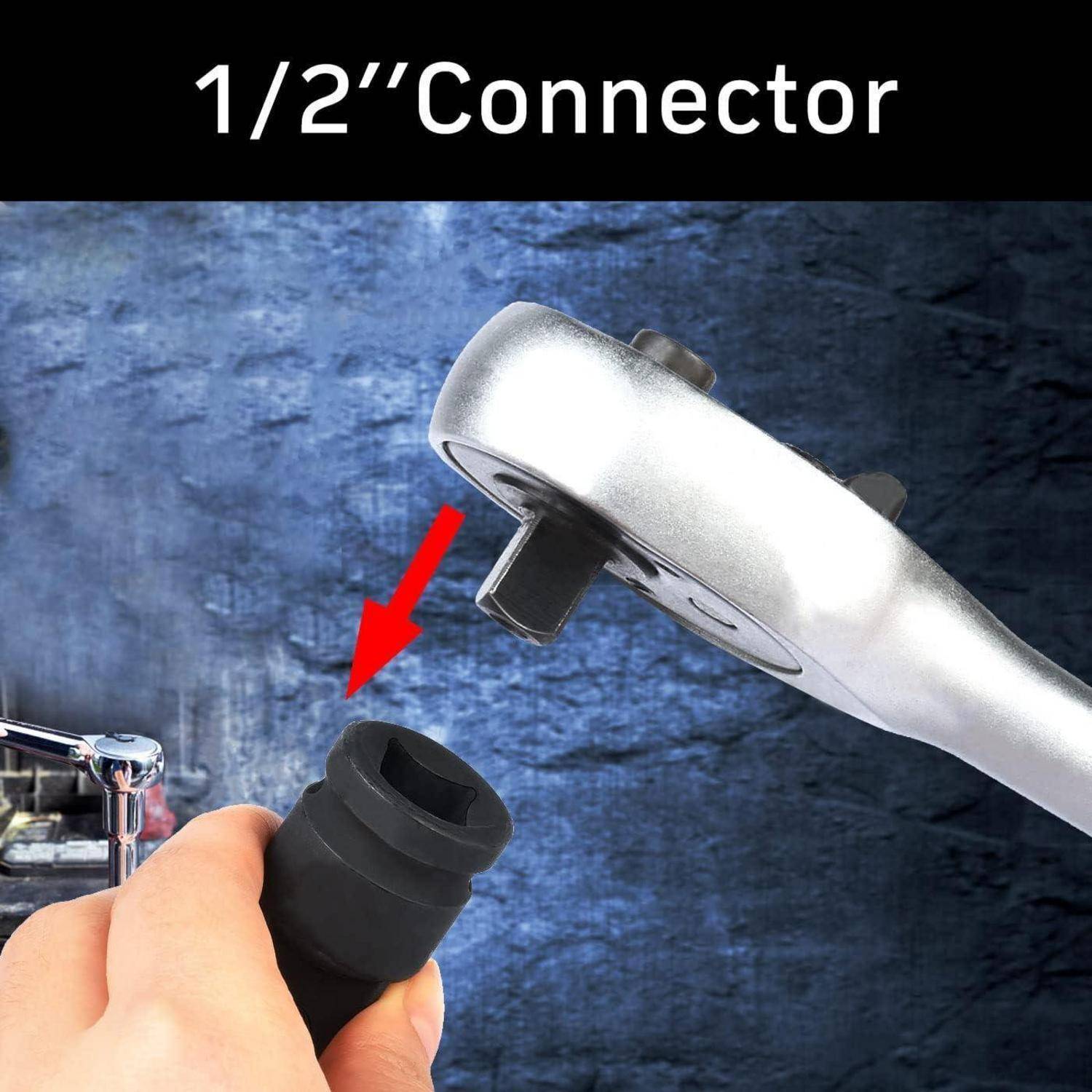 Illustration mit einem 1/2-Zoll-Stecker: Eine Hand hält einen schwarzen Adapter unter einen Ratschenschlüssel, mit einem roten Pfeil, der anzeigt, wie dieser auf das Werkzeug passt.