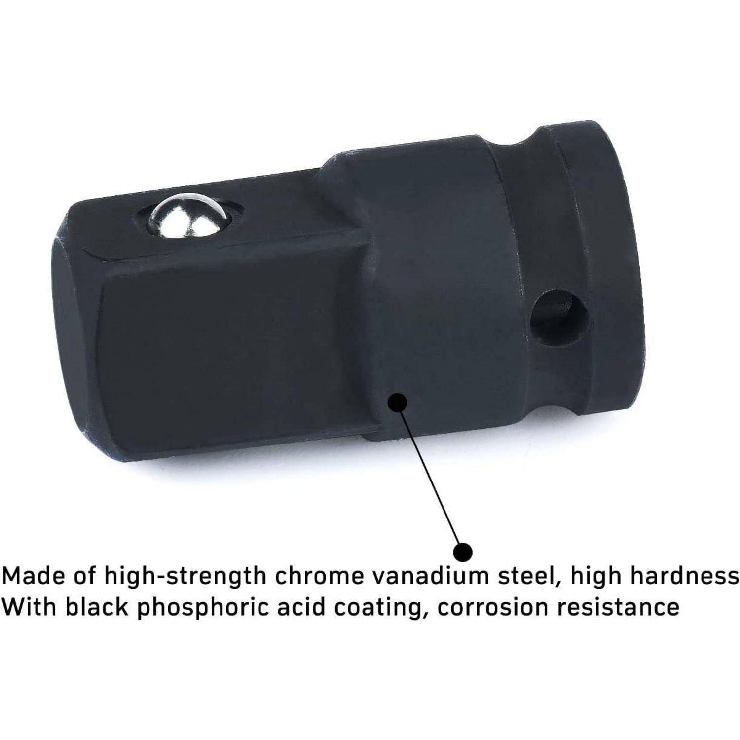 Schwarzer Steckdosenadapter aus Chromvanadiumstahl mit schwarzer korrosionsbeständiger Beschichtung; Der Text vermerkt hohe Härte und Langlebigkeit.