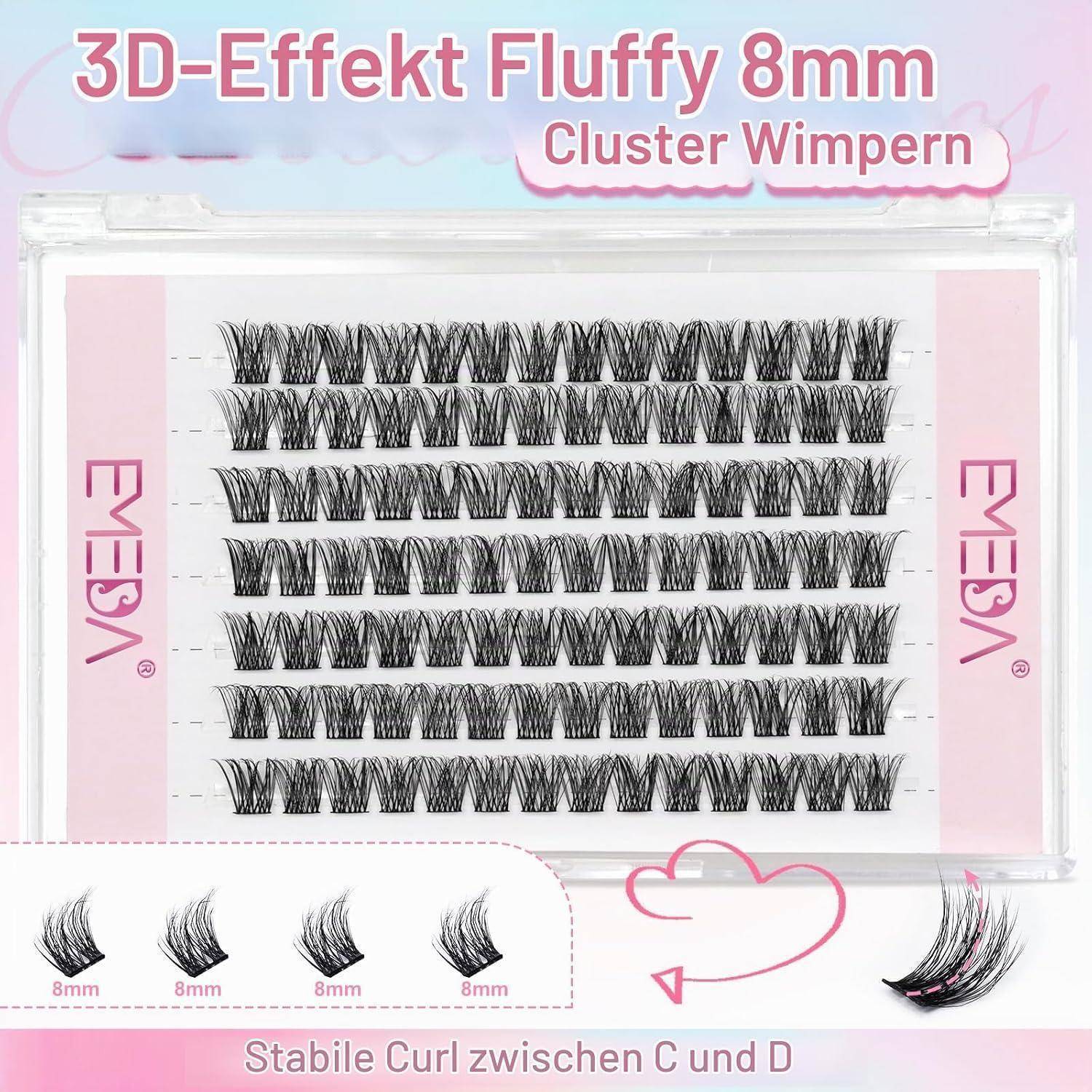 Produktbild von EYESA 3D-Effekt flauschigen 8 mm Cluster-Wimpern in einem durchsichtigen Behältnis, beschriftet mit „Stabile Wölbung zwischen C und D