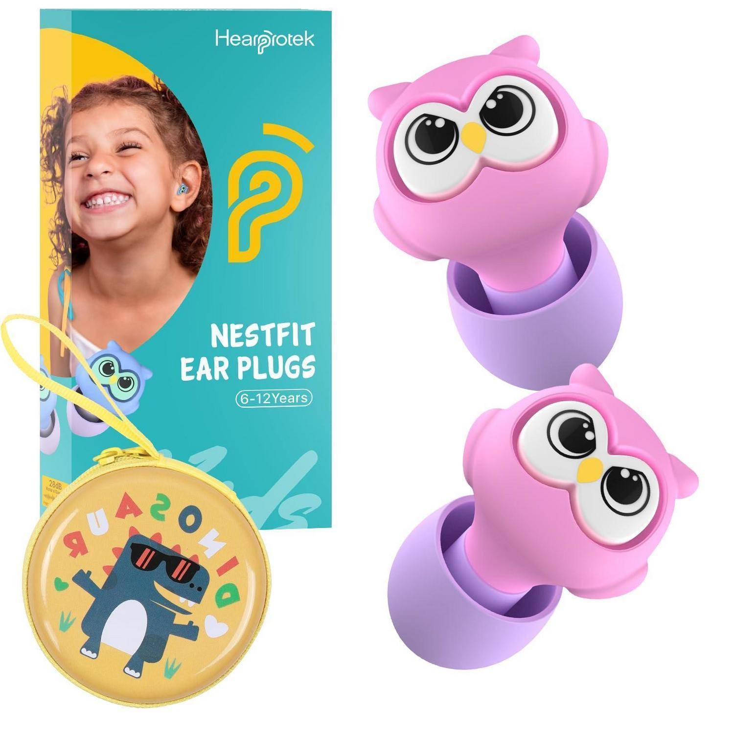 Hearprotek 'Nestfit Ohrstöpsel' für Altersgruppe 6-12 Jahre, gezeigt mit rosa eulenförmigen Ohrstöpseln und farbenfroher Verpackung.
