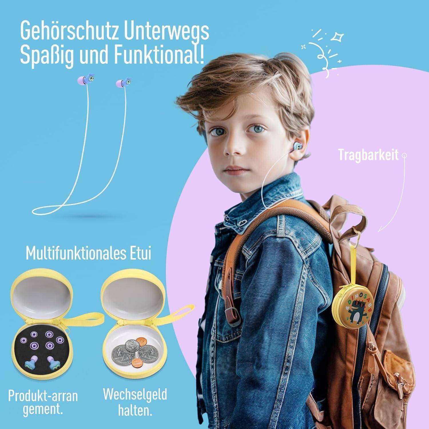 Werbebild eines Jungen, der Gehörschutz-Ohrhörer und einen Rucksack trägt, mit deutschem Text, der „Gehörschutz Unterwegs Spaßig und Funktional!