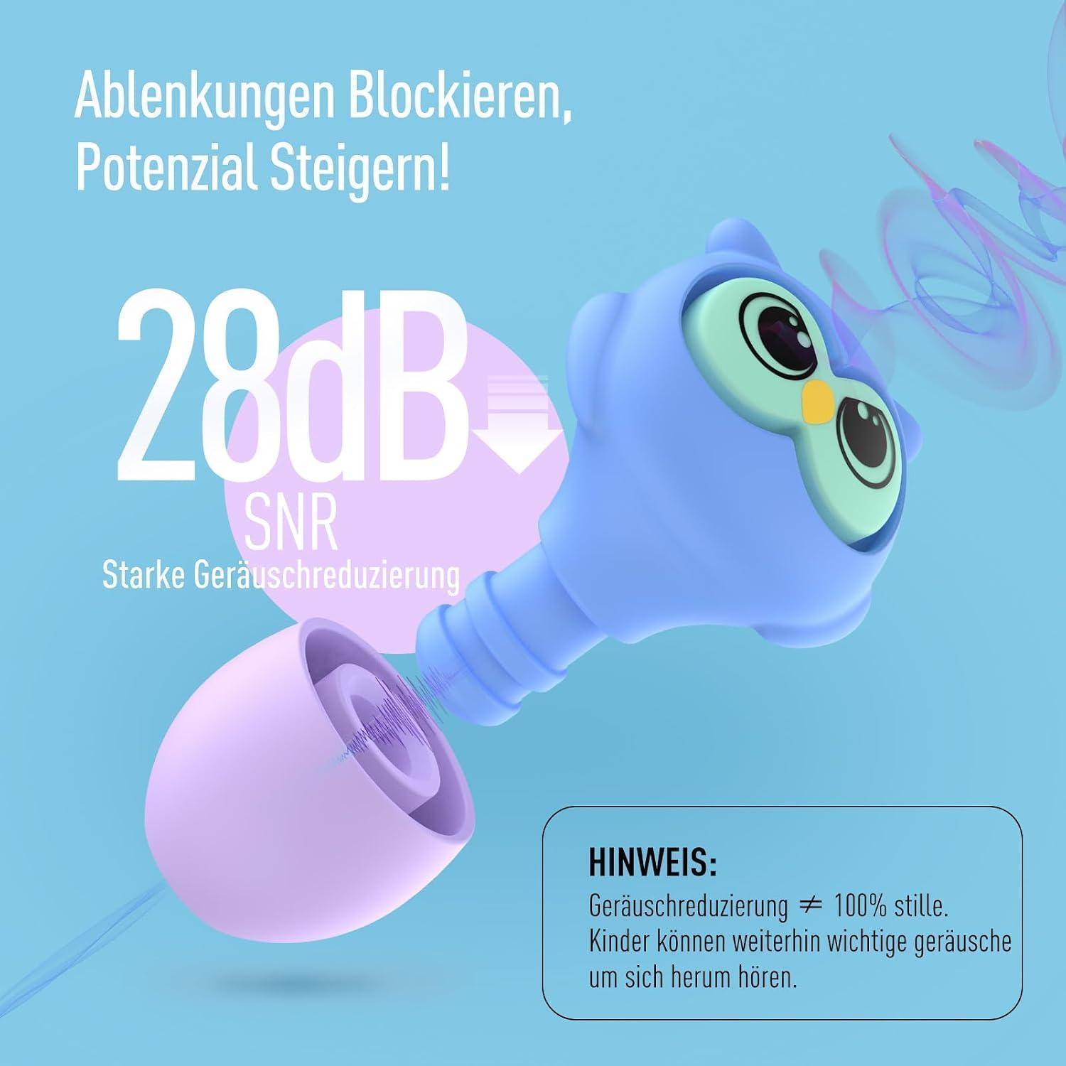 Darstellung von blauen In-Ear-Ohrhörern mit 28 dB SNR-Geräuschreduzierung, mit der Bezeichnung „Ablenkungen blockieren, Potenzial steigern!