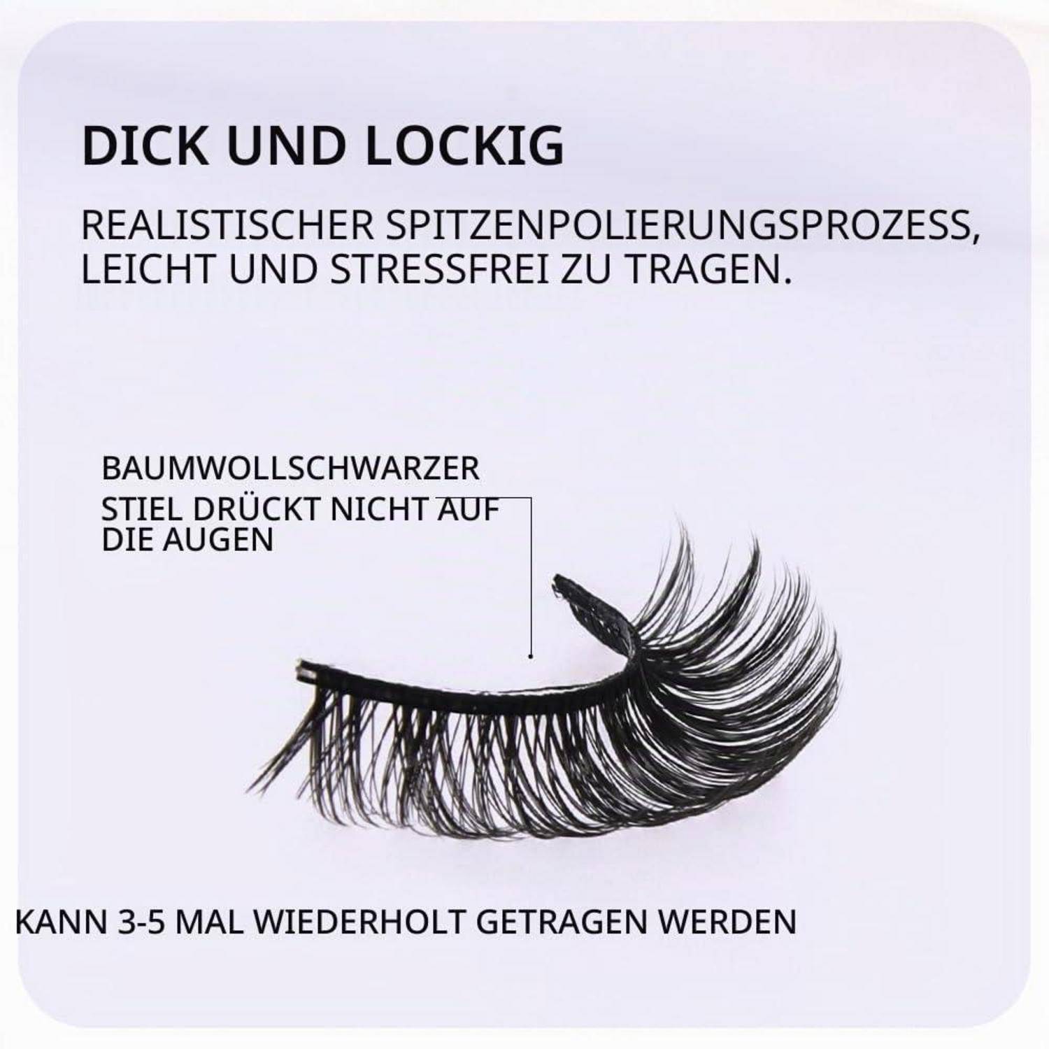 Produktbild einer dicken, flauschigen künstlichen Wimpern mit deutschem Text, der ein komfortables Baumwoll-schwarzes Band hervorhebt, wiederverwendbar 3-5 Mal, und ein realistisches, stressfreies Aussehen.