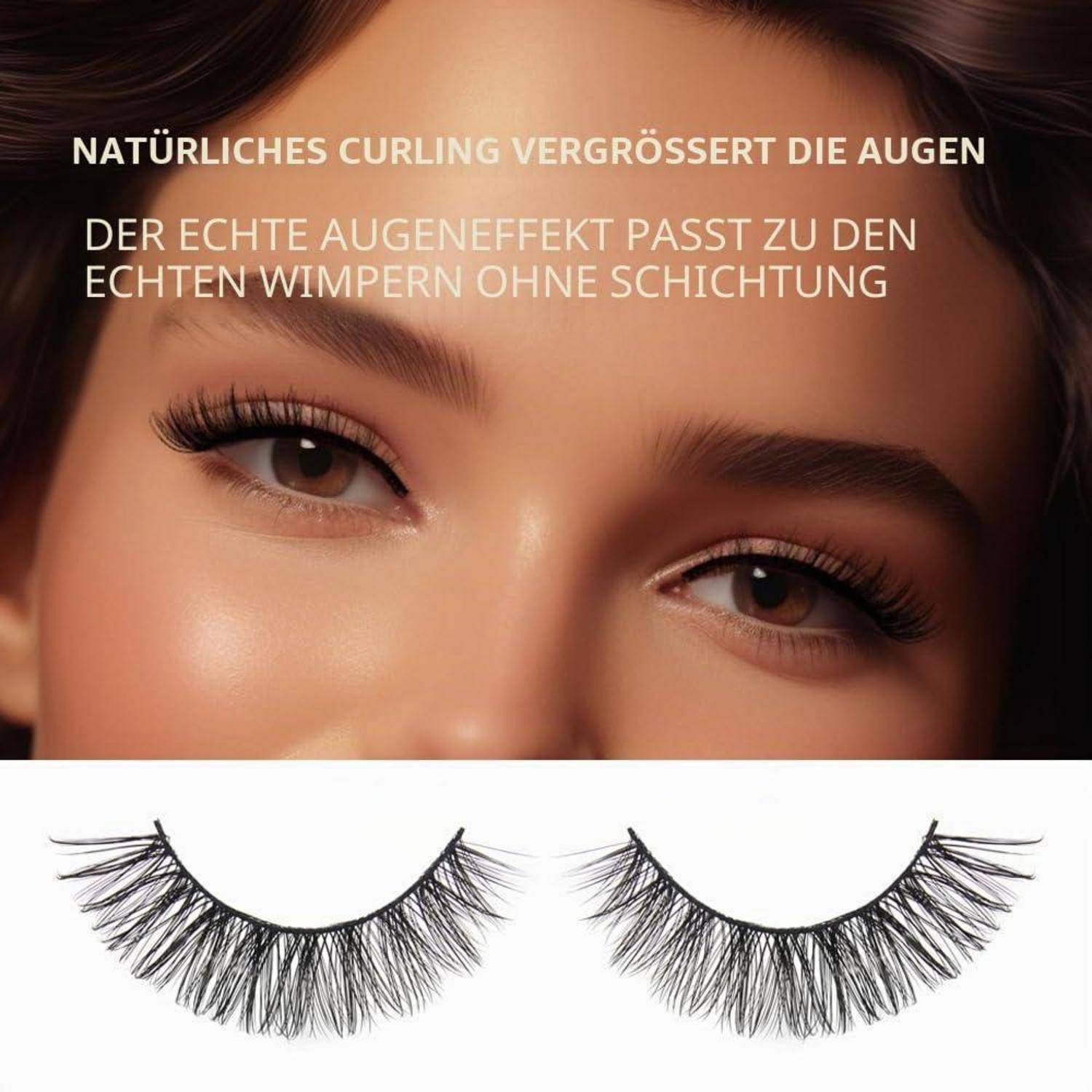 Nahaufnahme der Augen einer Frau mit gekrümmten Wimpern und deutschem Text: „Natürliches Curling vergrößert die Augen