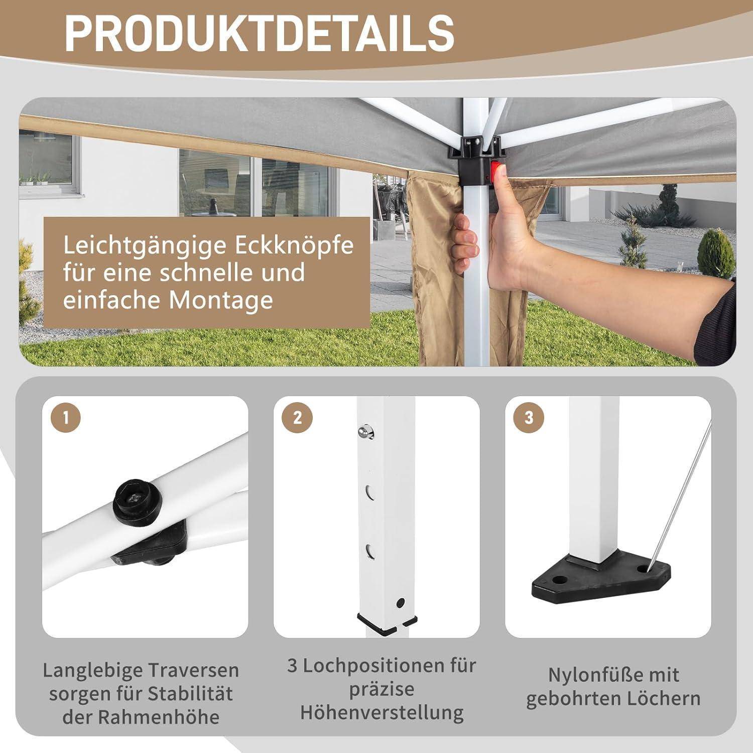 Produktdetails-Grafik zeigt einen einfach zu montierenden Überdachungsrahmenzelt mit Hand, die eine Eckschraube festzieht; drei Nahaufnahmen zeigen stabile Querstützen, 3 Höheneinstellungen und Nylonfüße mit gebohrten Löchern.