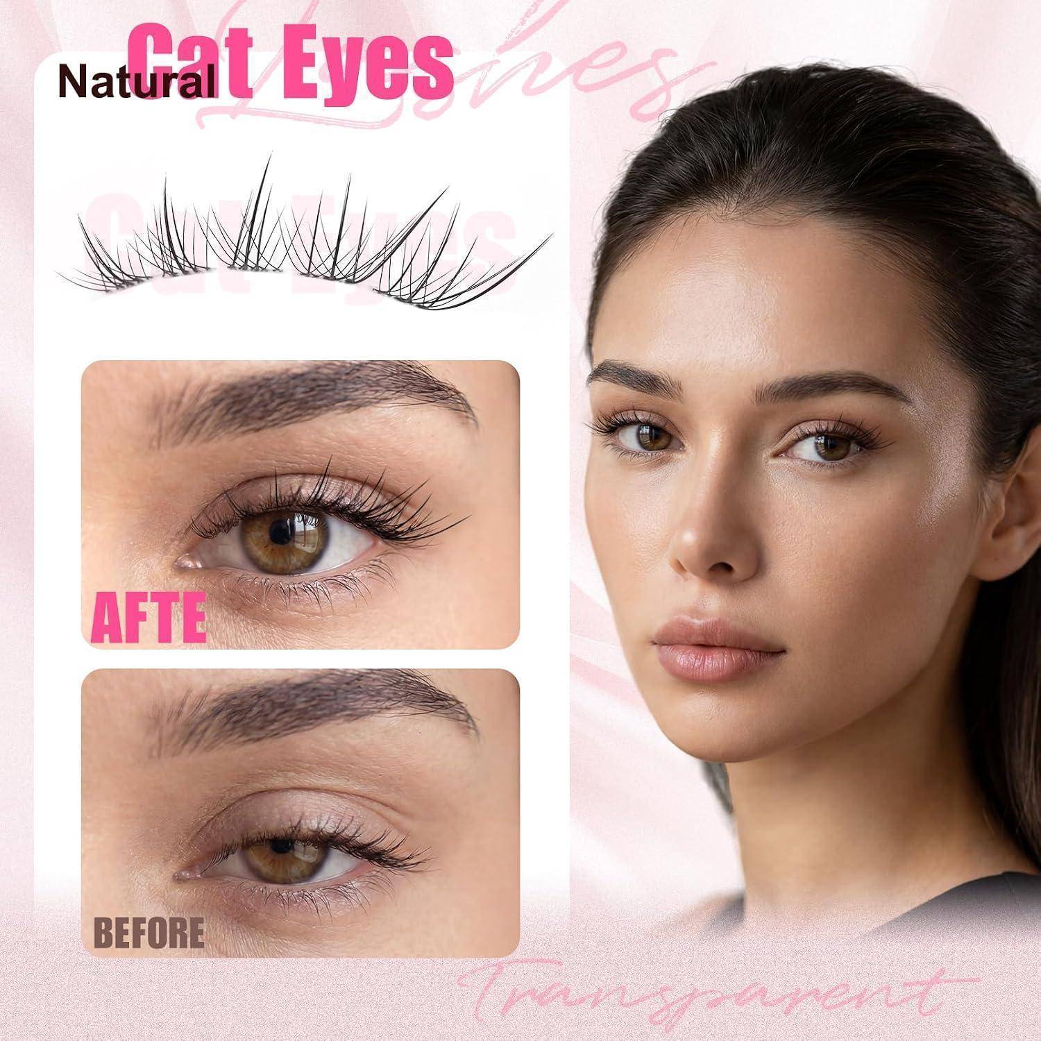 Werbebildes für natürliche transparente künstliche Wimpern, zeigt Wimpernstreifen, Vorher-Nachher-Nahaufnahmen des Auges und ein Modell, das sie trägt.