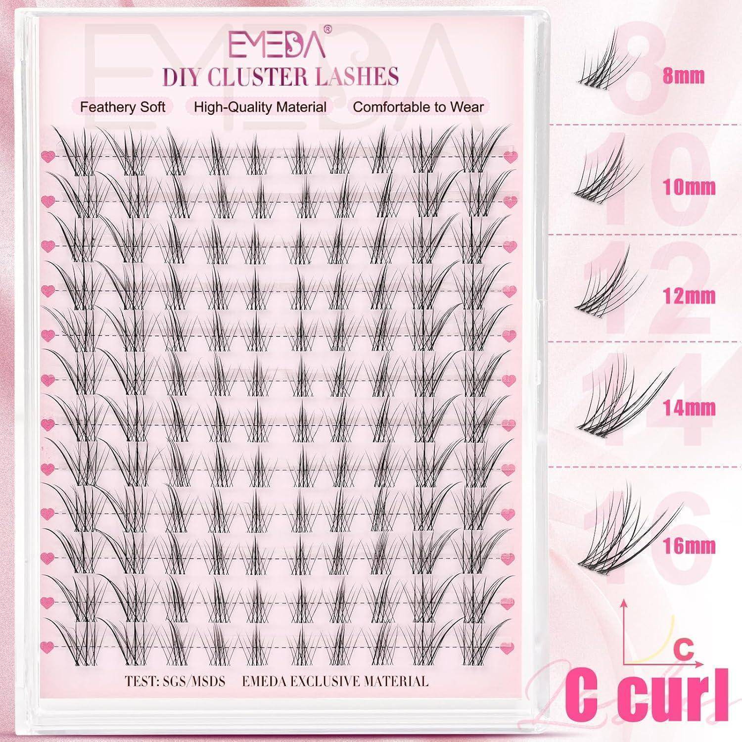 Produktverpackung für Emeda DIY Cluster-Wimpern, die Wimperncluster in 8mm, 10mm, 12mm, 14mm und 16mm mit C-Curl und Ansprüchen auf weiches, hochwertiges, komfortables Tragen zeigt.