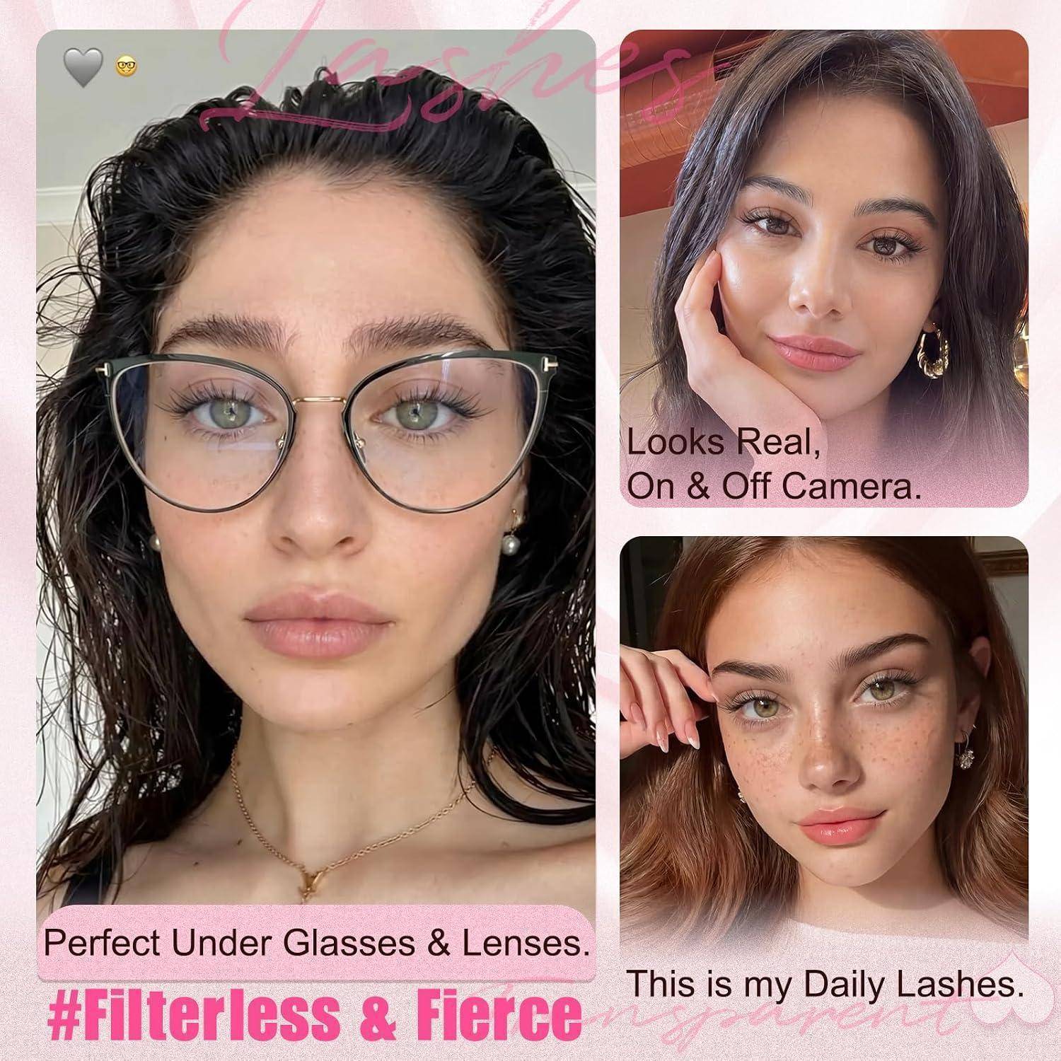 Collage eines weiblichen Gesichts mit Make-up und Beauty-Looks: eine große Nahaufnahme mit Brille und Kontaktlinsen, plus zwei kleinere Porträts mit den Aufschriften „Looks Real, On & Off Camera