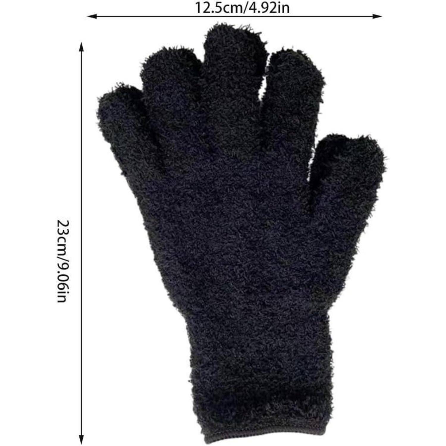 Schwarzer flauschiger Fünf-Finger-Handschuh auf weißem Hintergrund gezeigt mit Bemaßungspfeilen beschriftet 23cm/9,06 Zoll hoch und 12,5cm/4,92 Zoll breit.