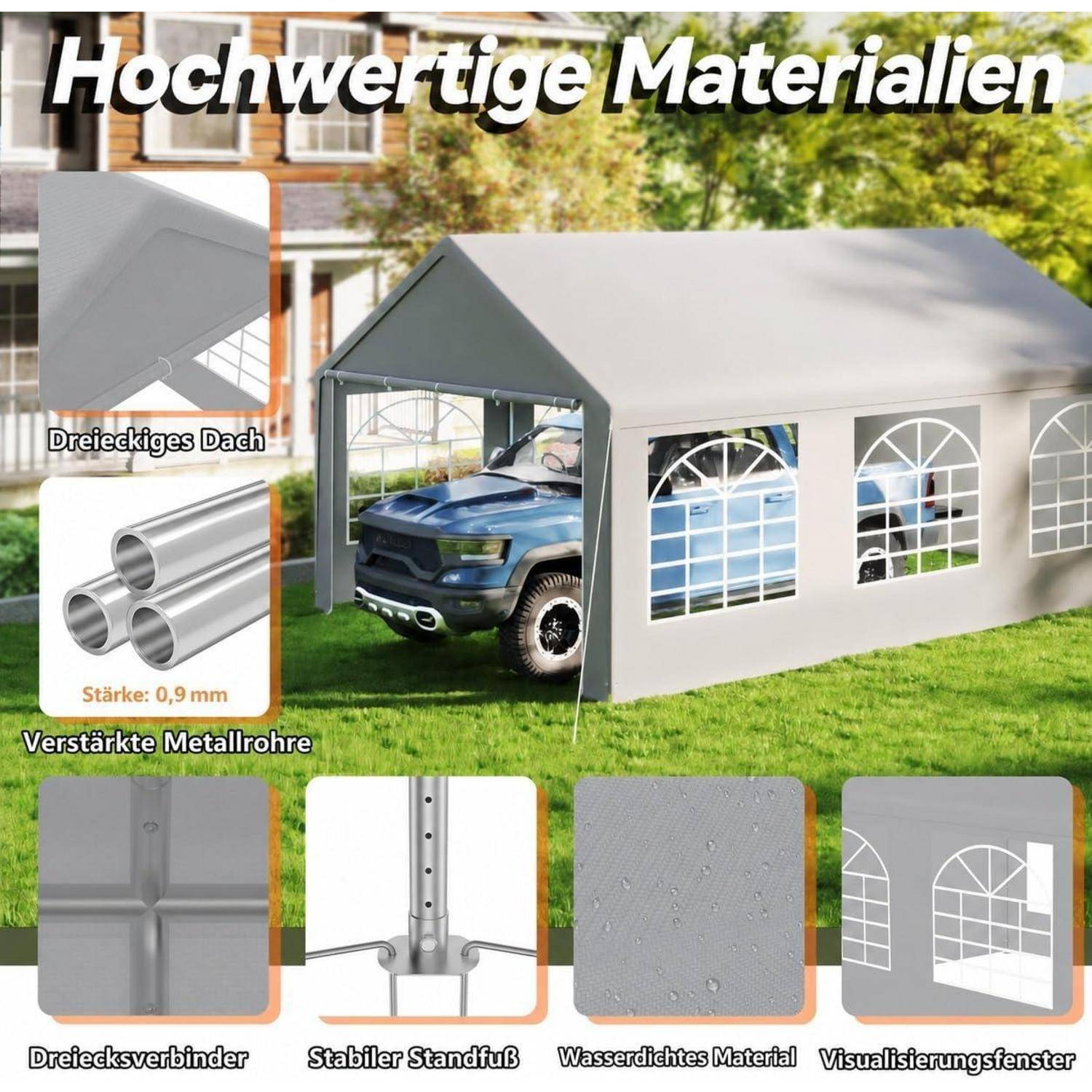 Werbegrafikum ein grauer Carport-/Zeltstall mit einem Pick-up-Truck, das „Hochwertige Materialien" hervorhebt und mit gekennzeichneten Merkmalen versehen ist: Dreiecksdach, verstärkte Metallrohre, Querverbinder, stabile Basis, wasserdichtes Material und Sichtfenster.