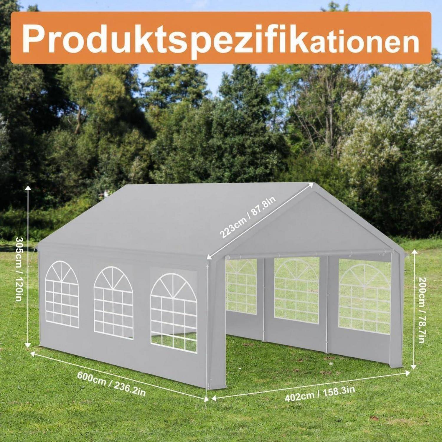 Produktspezifikationen für ein graues Outdoor-Baldachindach, mit den Abmessungen: 600 cm x 402 cm x 305 cm, Dachlänge 223 cm und Seitenhöhe 200 cm.