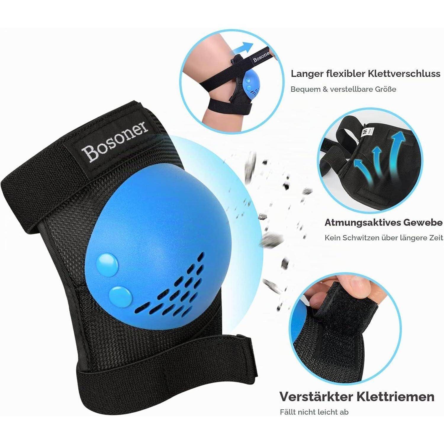 Bosoner Kniebandage mit blauem Kniescheibenpolster, zeigt verstellbare Klettverschlussfixierung, atmungsaktives Material und verstärkte Riemen, hervorgehoben in drei Detailaufnahmen.