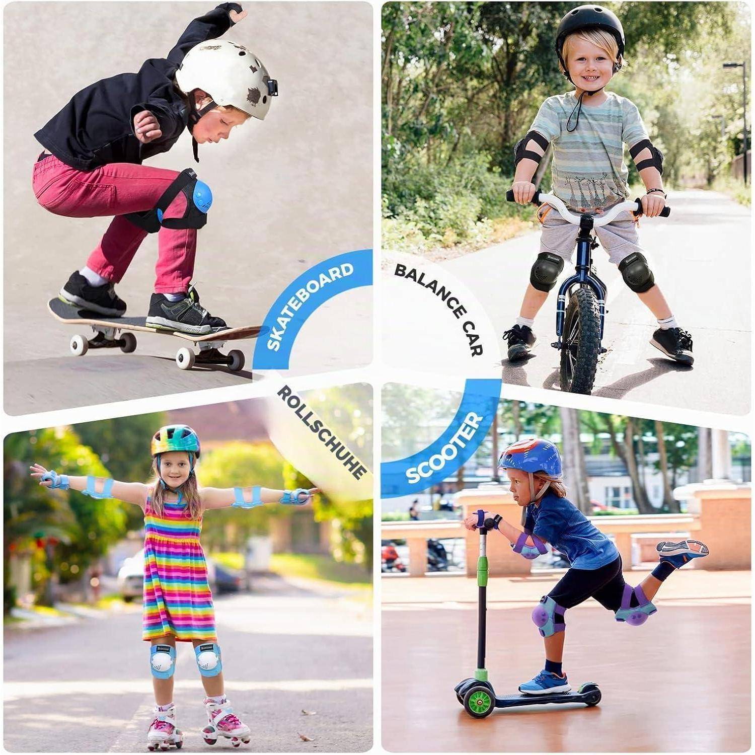 Collage aus vier Kindern, die auf einem Skateboard, Laufrad, Rollschuhen und Roller fahren, mit Beschriftungen für jede Aktivität.