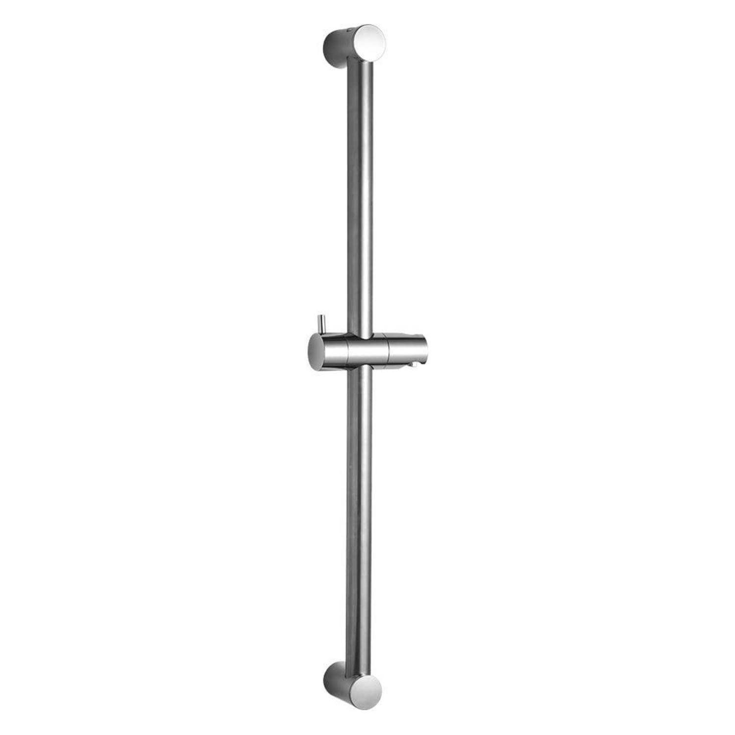 Eine Duschstange aus Edelstahl mit verstellbarem Handbrause-Halter auf weißem Hintergrund.