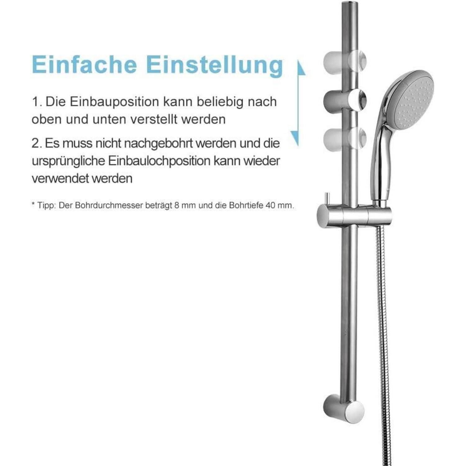 OFFO Duschstange 60 cm, Edelstahl Brausestange 60cm mit Duschkopfhalterung, Segmentiert Brausestange Verstellbar Abstand 28 bis 61cm, Chrom 60 cm