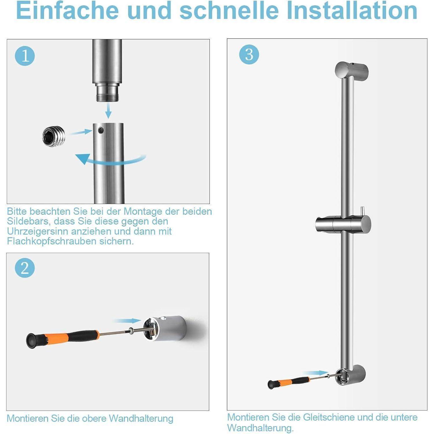 OFFO Duschstange 60 cm, Edelstahl Brausestange 60cm mit Duschkopfhalterung, Segmentiert Brausestange Verstellbar Abstand 28 bis 61cm, Chrom 60 cm